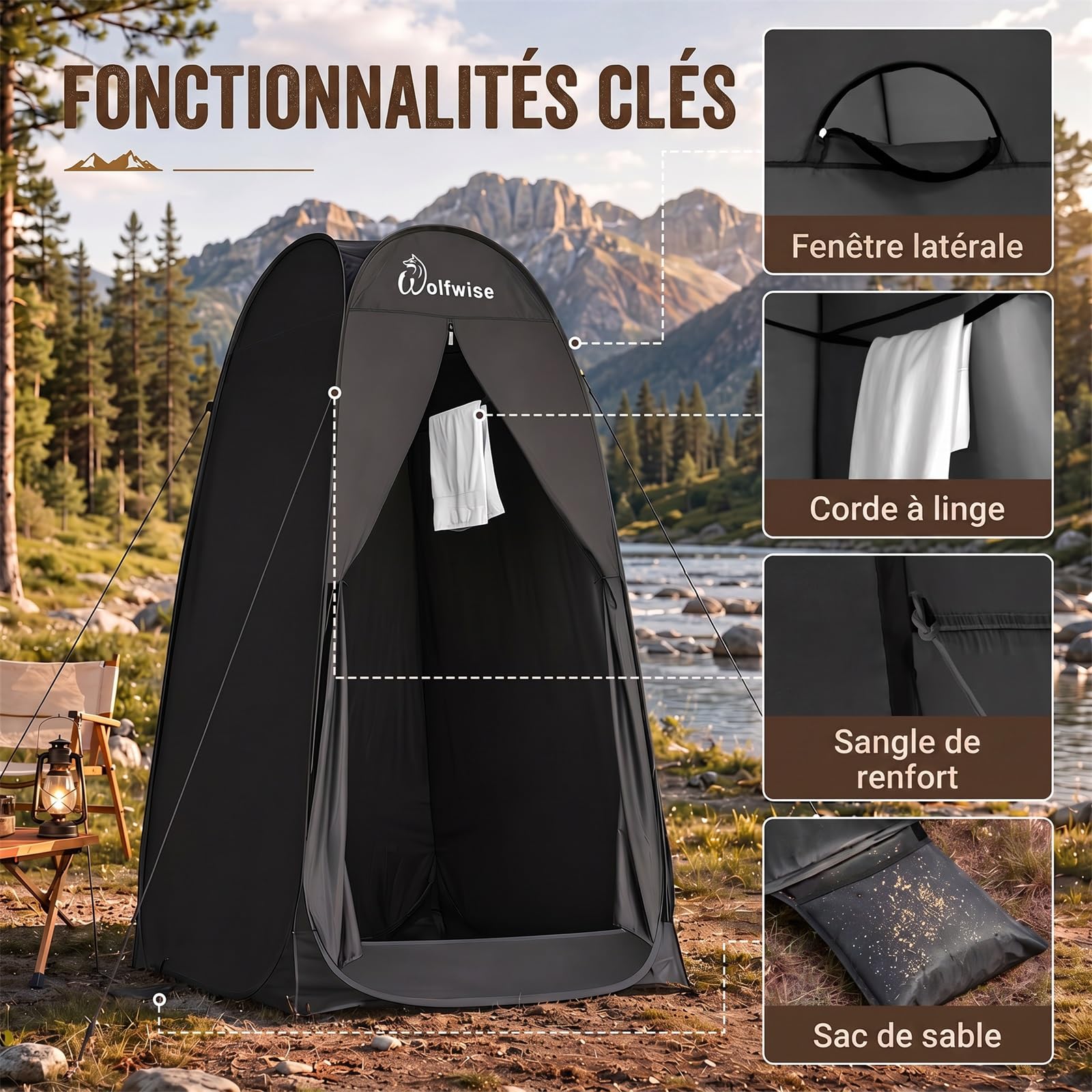 WolfWise Tente de Douche Pop Up Toilette Cabinet de Changement Camping Abri de Plein Air Vestiaire Extérieure Intérieure Portable, Largeur 40" (101 cm), Hauteur 75" (190 cm), Noir