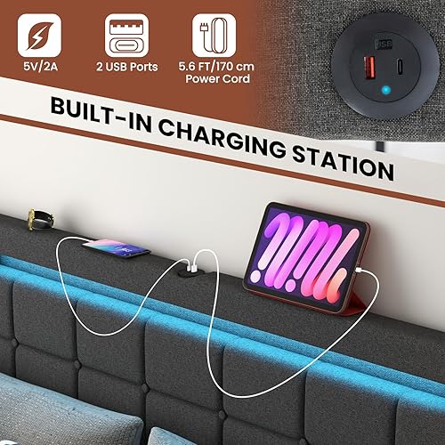 Miniatura 4 de Giantex Marco de cama Queen con luces LED y 4 cajones marco de cama tapizado con puertos USB diseño de cabecera ajustable copetudo soporte de
