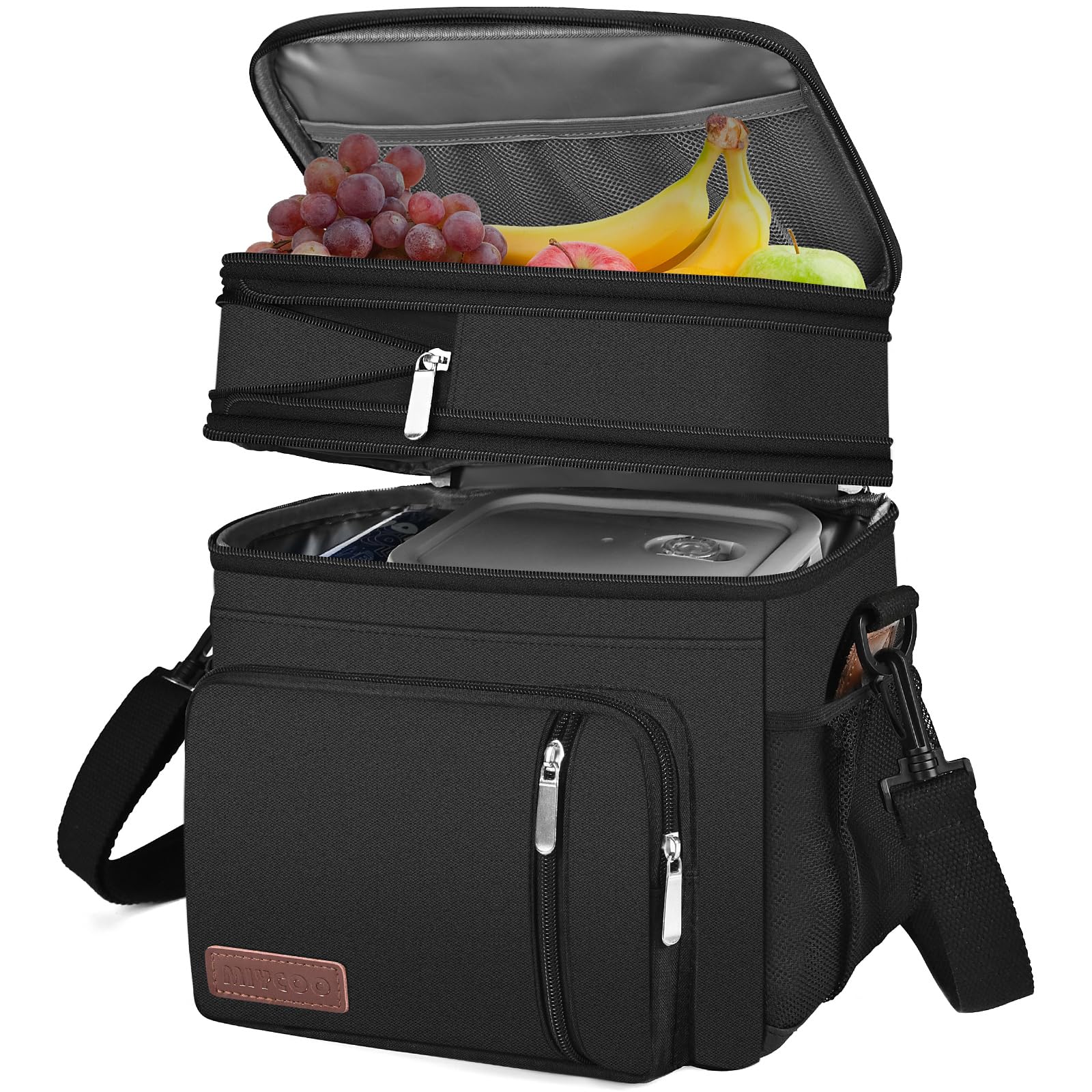 MIYCOO Lunch Bag & Lunch Box for Men Women Double Deck, Leakproof insulated Soft Large Adult Lunch Cooler Bag for Work, Beach, Picnic, Camping, Travel (Black,15L)
