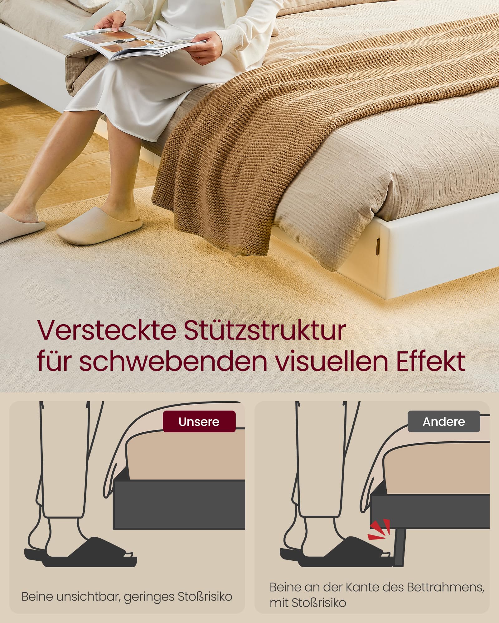 VASAGLE Bettgestell, Doppelbettgestell, 140 x 200 cm, schwebender visueller Effekt, Bett mit LED-Beleuchtung, hohem Kopfteil, Ladestation, modern, wolkenweiß RMB864W01