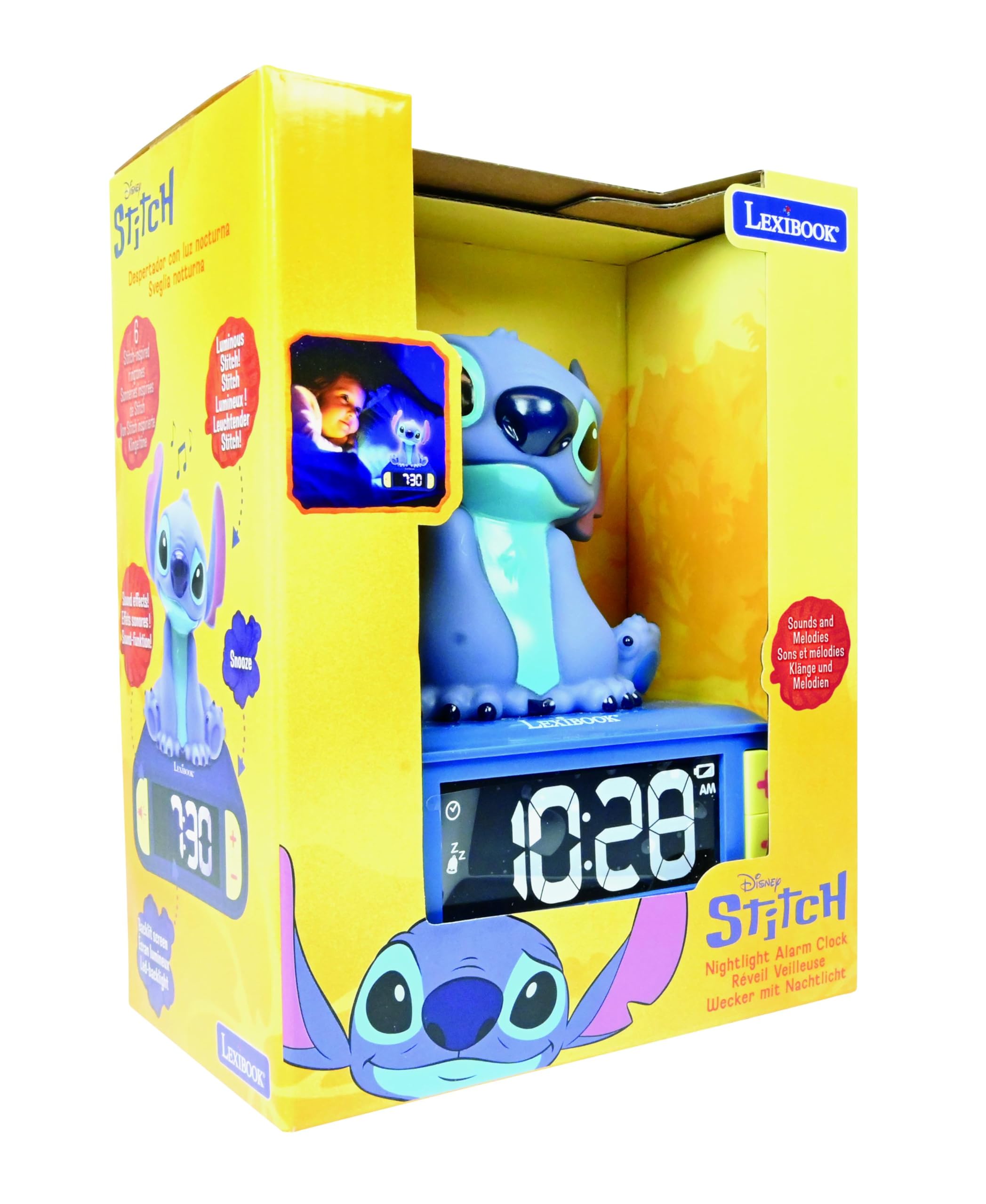 Lexibook, Disney Stitch, Sveglia notturna Stitch, Suoni e melodie, Schermo LCD retroilluminato, Luminoso, Snooze, Blu, RL800DLXB