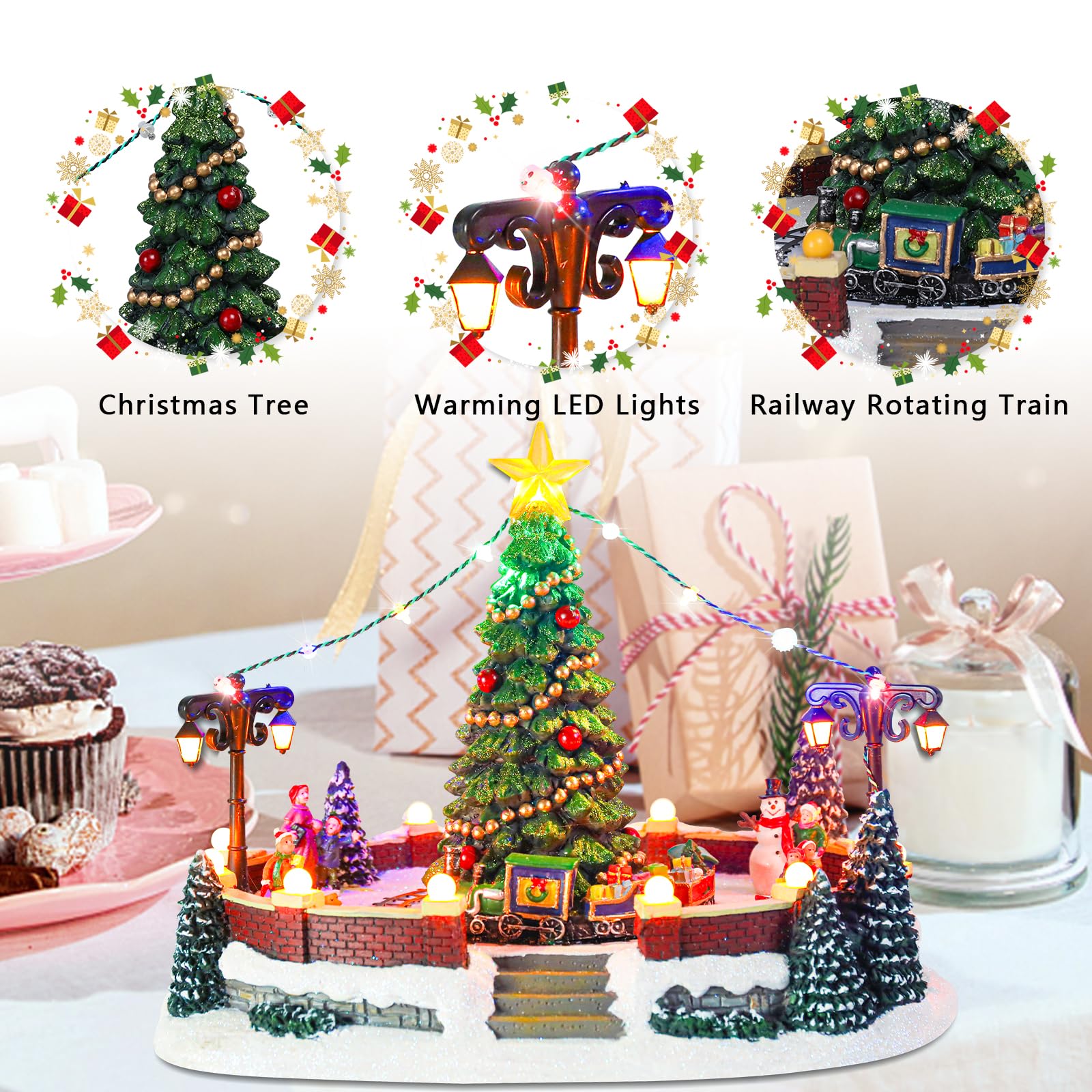 MUMTOP Village de Noël carré avec train mobile, train rotatif lumineux avec musique pour décoration de table de Noël en intérieur