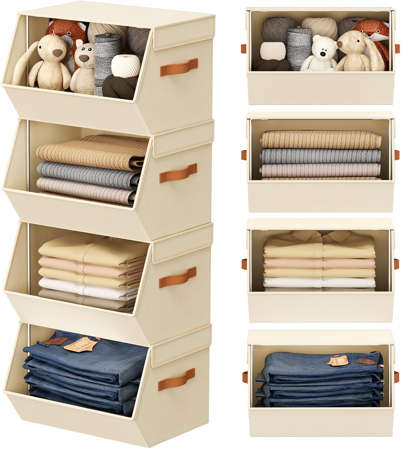 Stackable Closet Organizers and Storage Bins, Open Front Closet Shelf Organizer System With Steel Frame, Clothes Storage Basket Fabric, Collapsible Closet Drawers for Wardrobe, Nursery ,Toy, 4 Pack