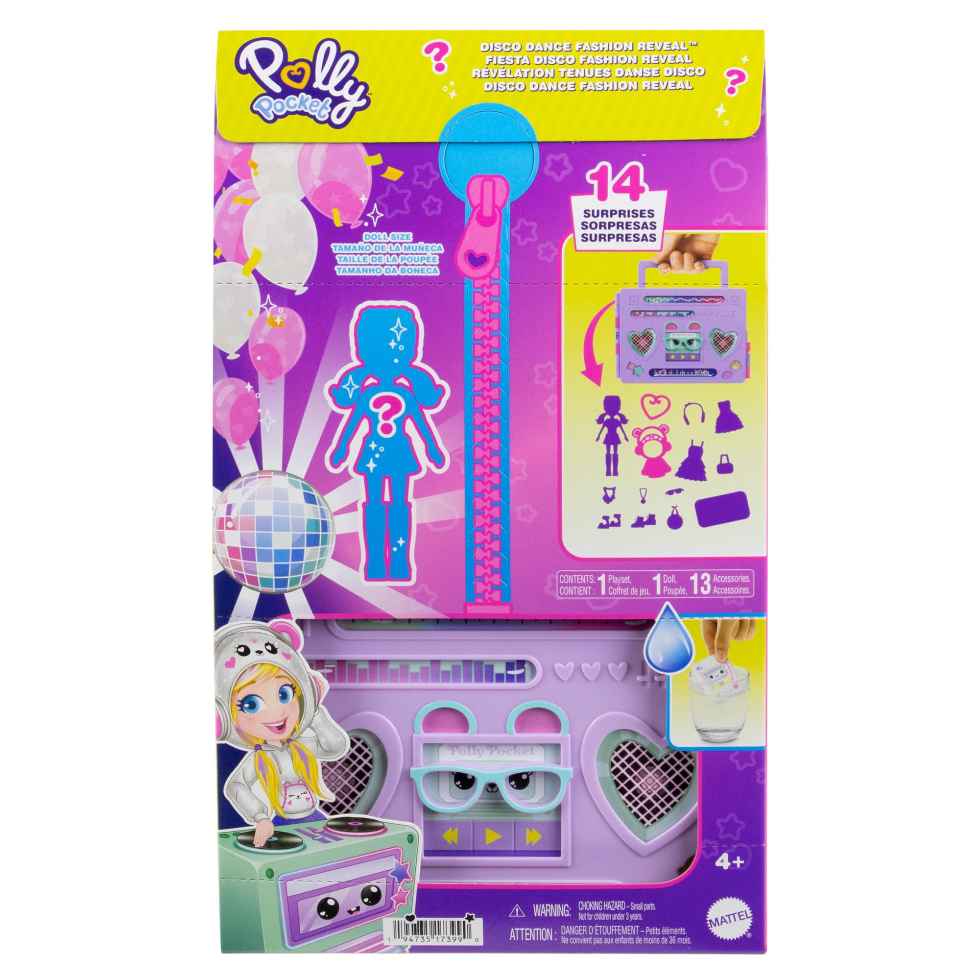 Polly Pocket - Disco Dance Fashion Reveal, playset da viaggio a forma di stereo portatile, include bambola con felpa, gioco d'acqua a sorpresa e 16+ accessori, giocattolo per bambini, 4+ anni, HRD65