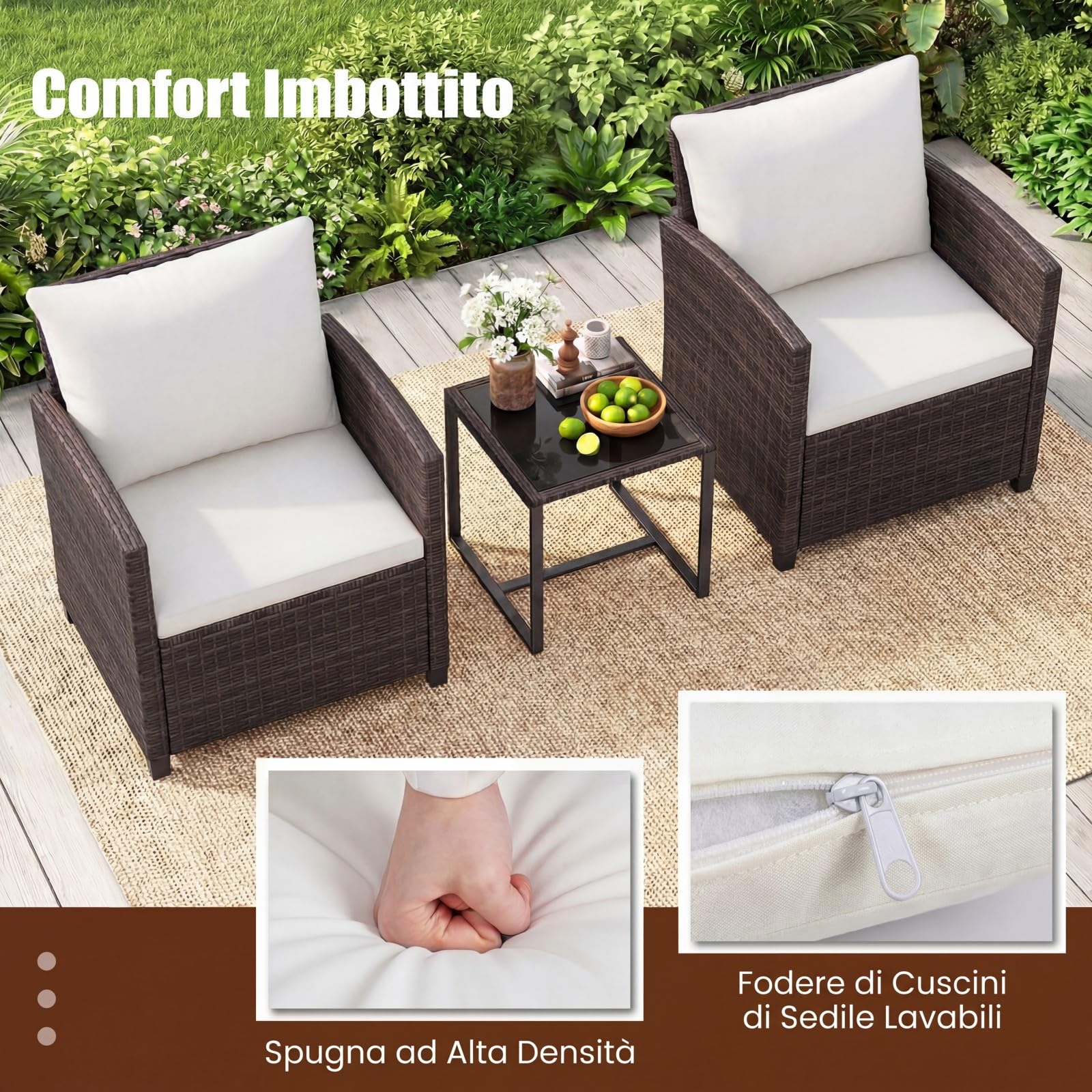COSTWAY Set Mobili da Giardino 3 Pezzi, Salotto da Esterno in Rattan PE con Cuscini Sfoderabili, Tavolino in Vetro Temperato Beige