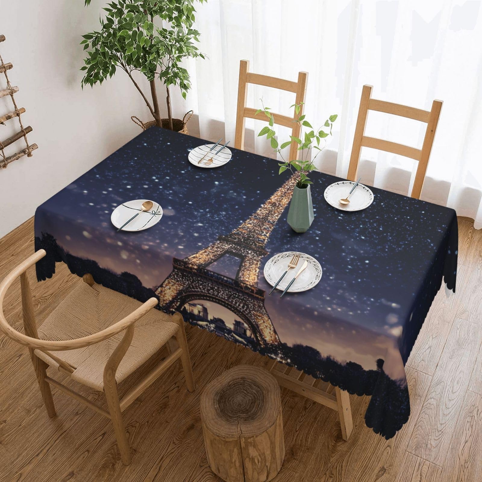 Rectangle Table Cloth 137x183 cm Night Paris Eiffel Tower Tablecloths Wrinkle Free Table Cloth Washable Fabric Desktop Protection Decoration Tables Cover for Party Dining Indoor and Outdoor