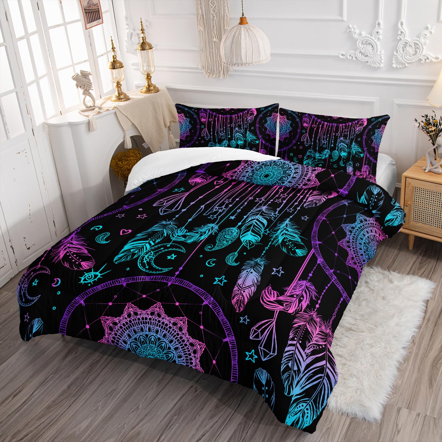 AILONEN Dreamcatcher Comforter Set Twin Size, Purple Feather Print Duvet Set,Bohemian Mandala Bedding Set for Boys Girls,Galaxy Dream Catcher Duvet Set 3 Pieces, 1 Quilt and 2 Pillowcases