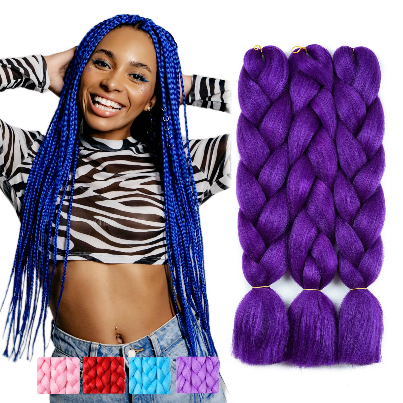 BUYOGET Jumbo Braiding Hair Extensions for Women 3 Bundles 24 Inch High Temperature Kanekalon Braiding Hair for Twist Crochet Box Braids Purple