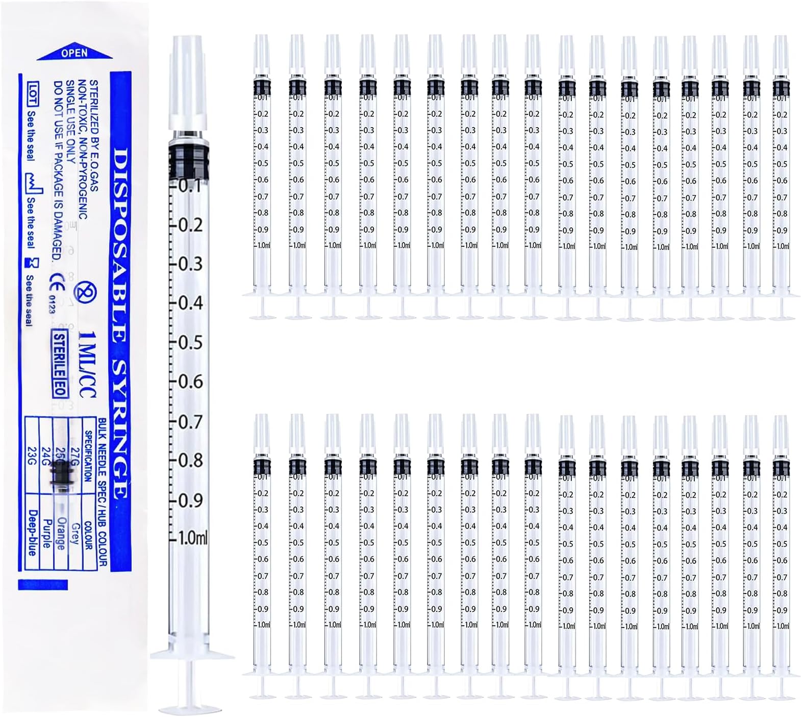 Plastic Measuring Sterile Disposable Thin Syringe With Caps, No Needle - for Colostrum, Liquids Refilling, Lab Use - Individually Packaged (36 Pcs, 1ML)