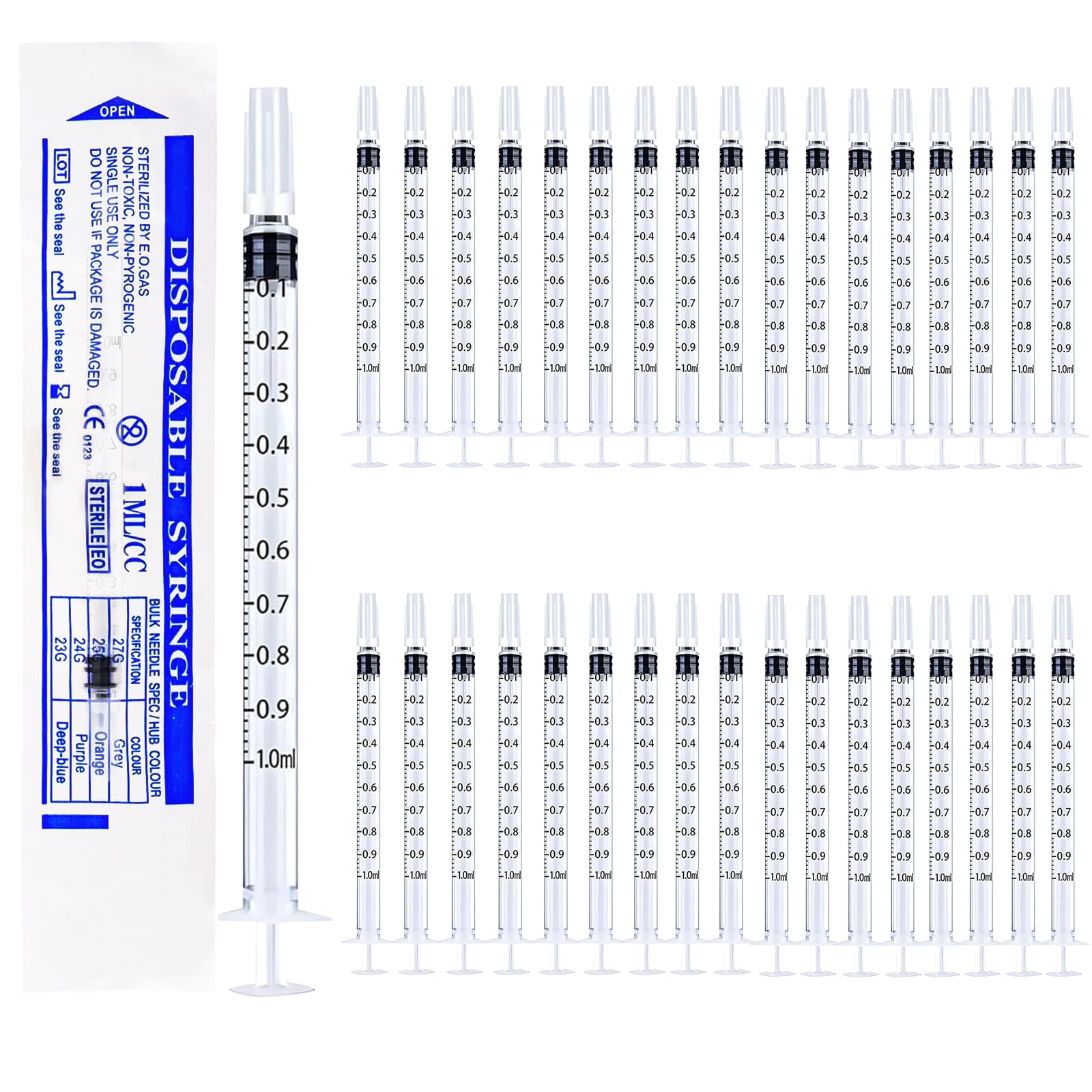 Plastic Measuring Sterile Disposable Thin Syringe With Caps, No Needle - for Colostrum, Liquids Refilling, Lab Use - Individually Packaged (36 Pcs, 1ML)