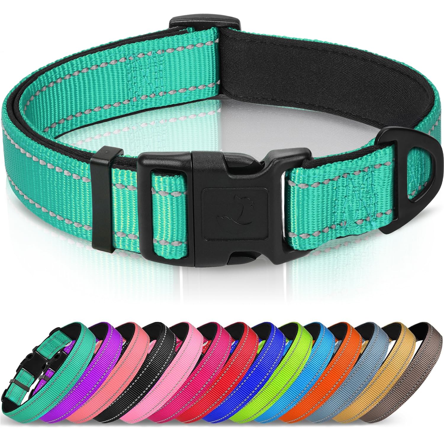 Joytale Reflective Dog Collar, Soft Neoprene Padded, Metal D-Ring, Nylon Pet Collar Adjustable for Medium Dogs, Teal, M