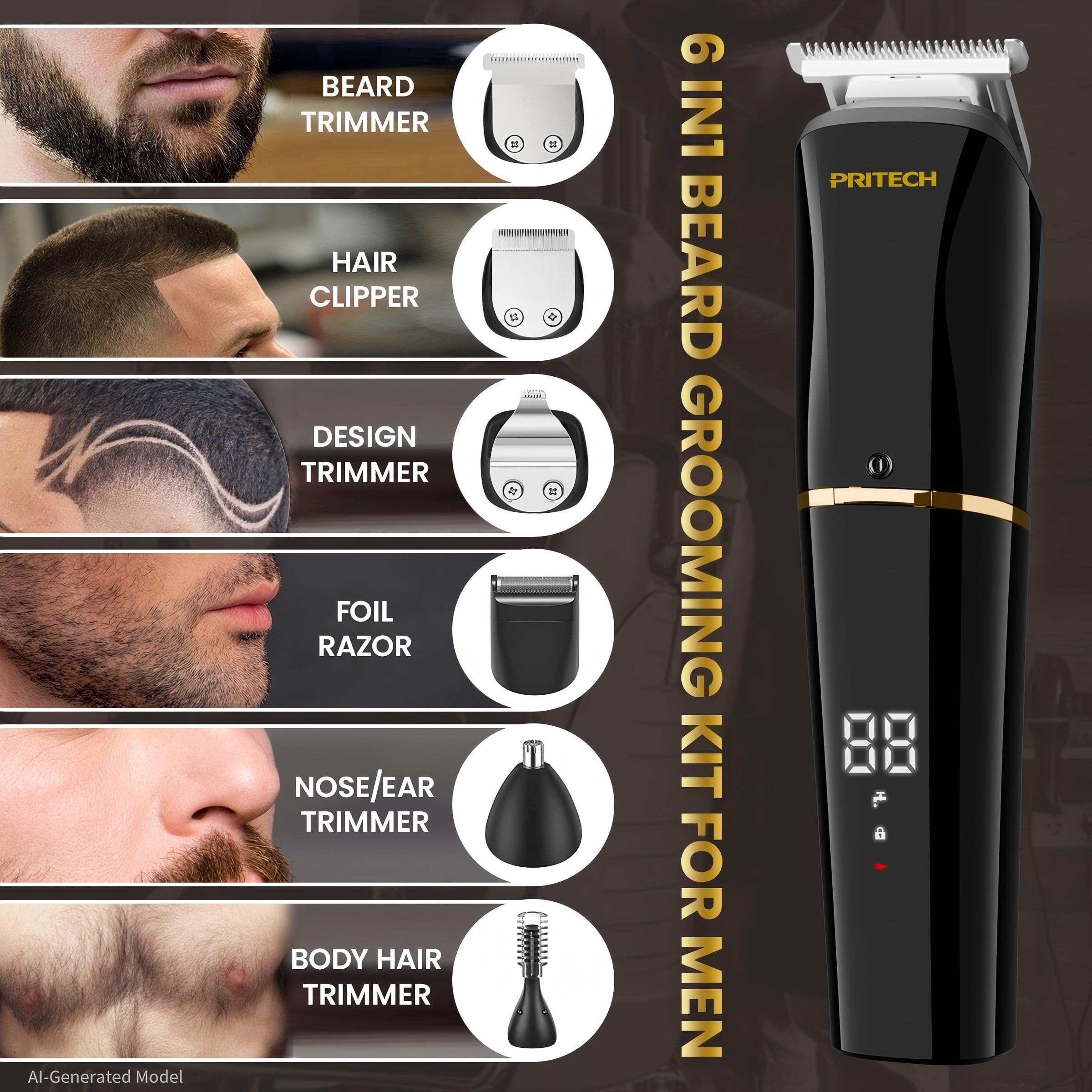 PRITECH Recortadora de barba para hombre, kit de recortadora de barba 6 en 1, recortadora de barba eléctrica con cabello, precisión, cuerpo, nariz, navaja de aluminio, kit de aseo impermeable IPX6