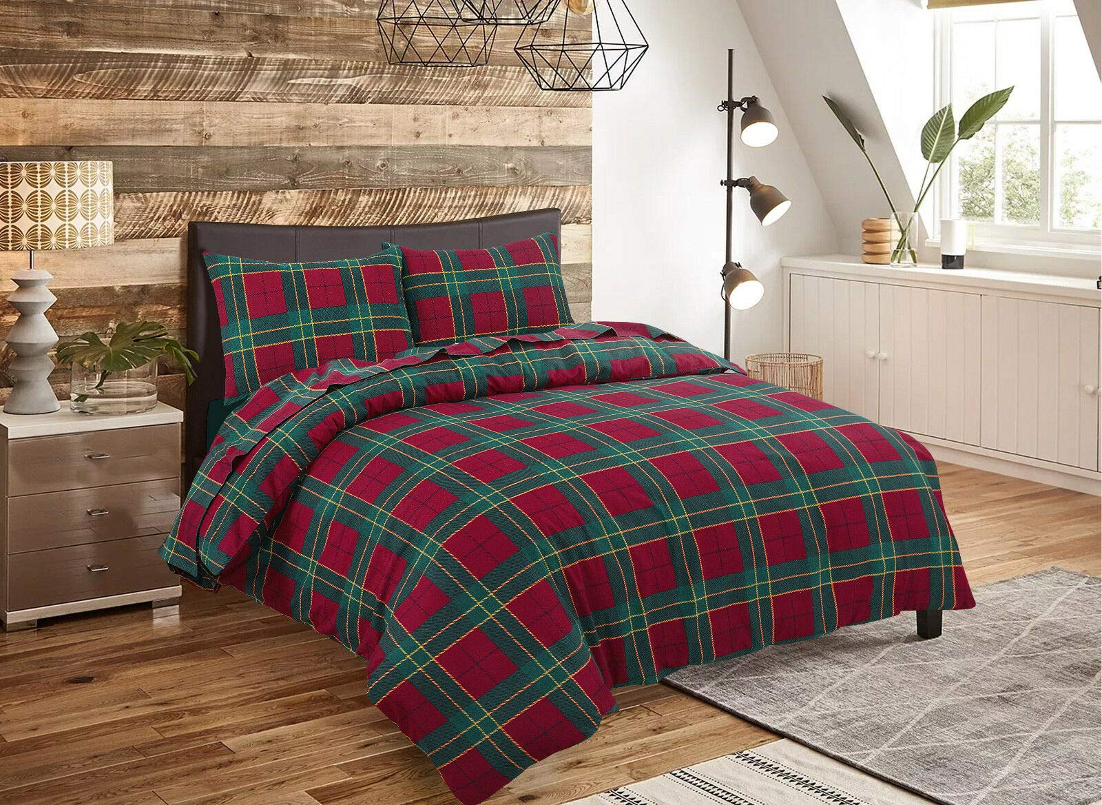 click2style tartan Print 100% Brushed Cotton Flannel Flannelette Duvet Quilt Cover Pillowcase Single Double King Superking (Tartan Red, Super King)
