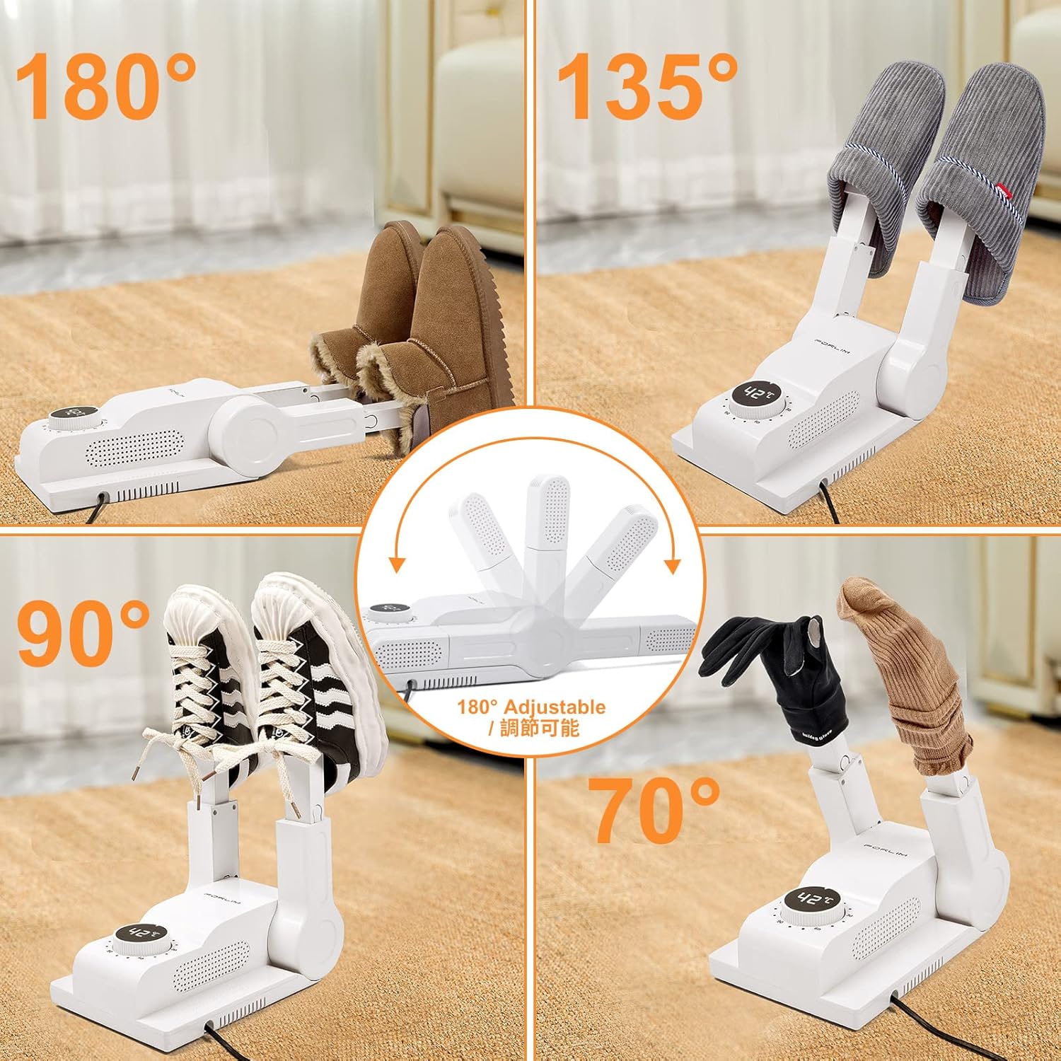 FORLIM Boot and Shoe Dryer showing various items being dried and adjustable arms