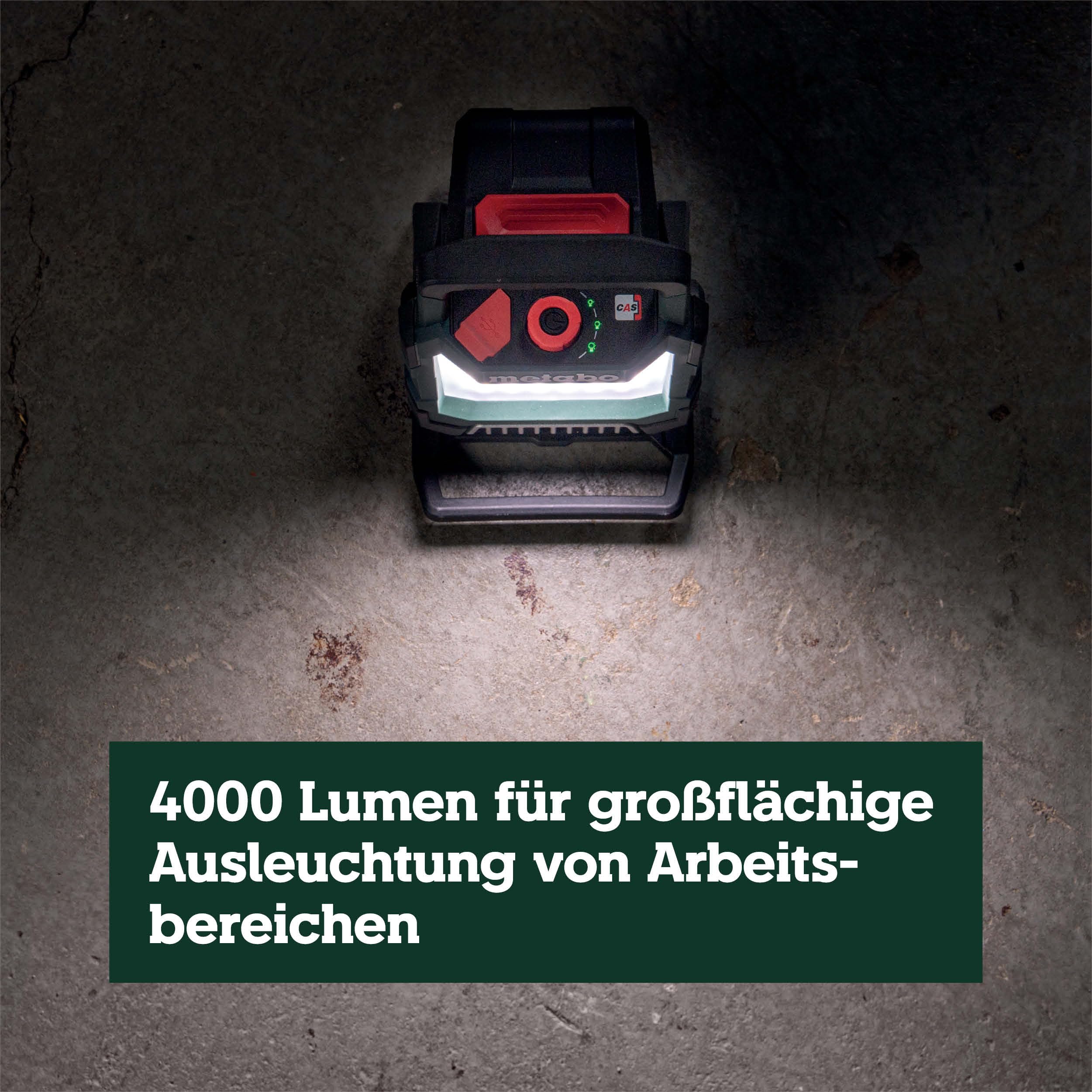 metabo Akku-Baustrahler BSA 18 LED 4000, 18 V Baustellenlampe, 4000 lm | IP54 Arbeitsleuchte mit Magnetfuss, USB-Port & 270 Grad Drehkopf, dimmbar, ohne Akku & Ladegeraet, CAS System kompatibel