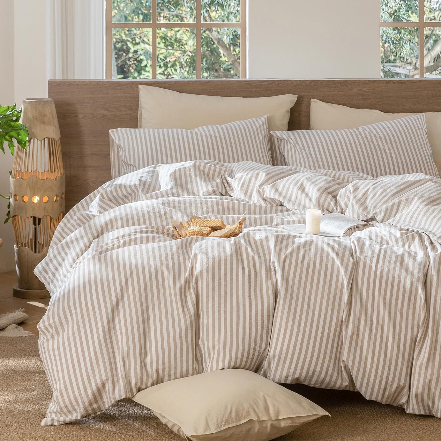 Lanqinglv Bettwäsche 220x240 Baumwolle Gestreift Beige,ÖKO-TEX Bettwäsche | Renforce Baumwolle Bettwäsche Set mit Reißverschluss,Bettwäsche für Allergiker Geeignet,2 Bettbezug & 2 Kissenbezug 80x80 cm