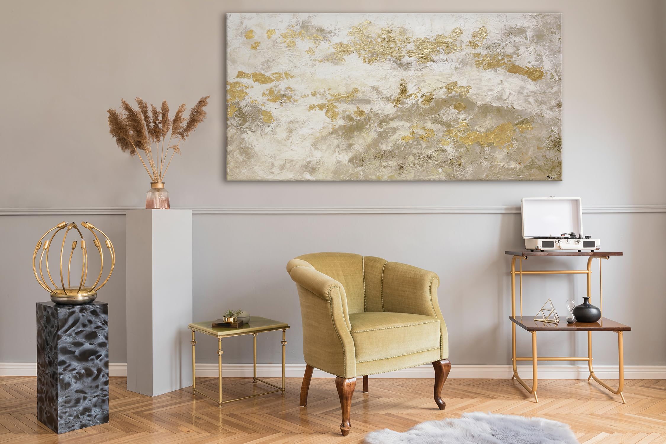 Abstrakt Acryl Gemälde auf Leinwand handgemalt mit Blattgold glänzendes Gold Wandbilder 200x100 cm