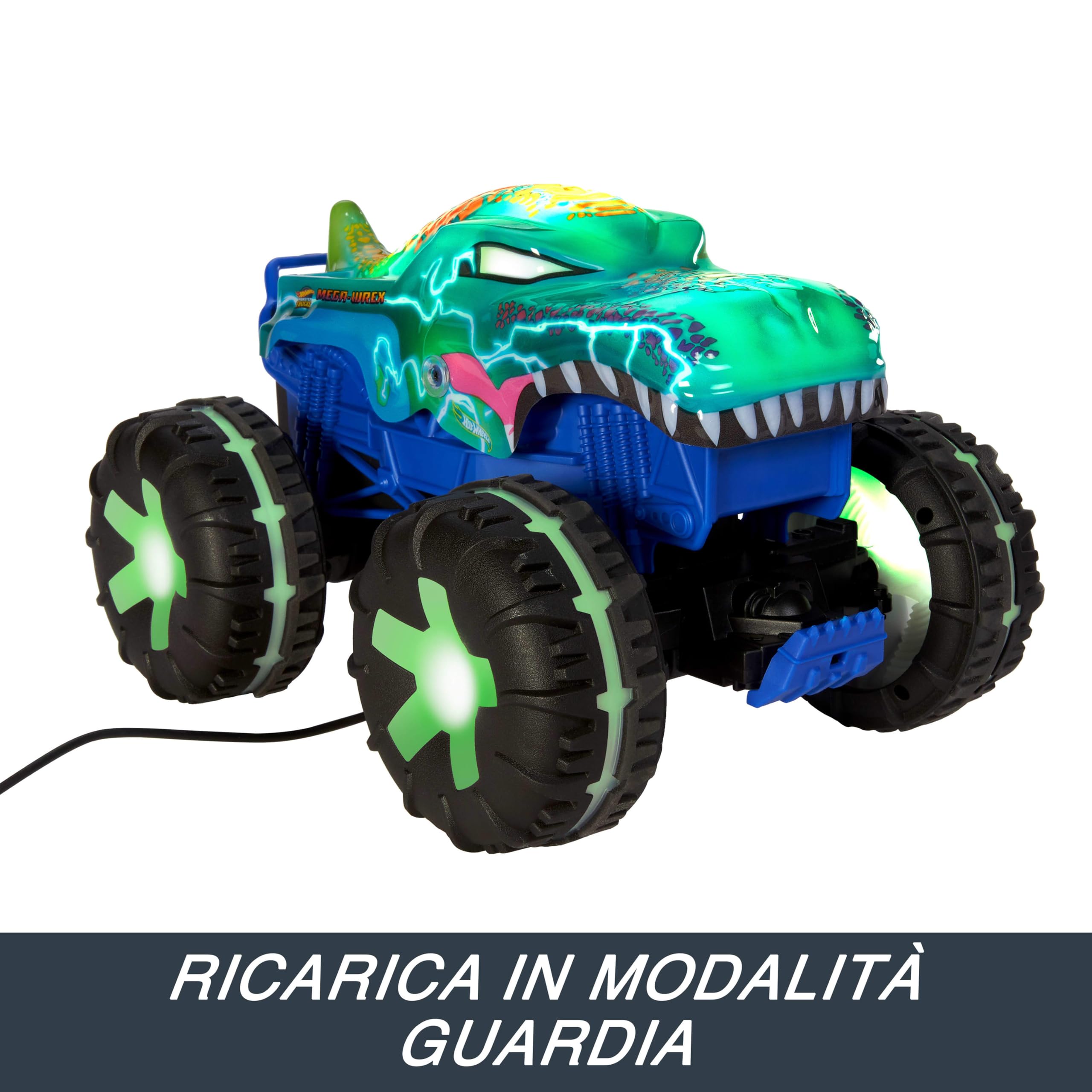 Hot Wheels Monster Trucks Macchina Telecomandata - Mega-Wrex oversize R/C, truck radiocomandato in scala 1:15 con 3 modalità di gioco, luci e suoni interattivi, giocattolo per bambini, 5+ anni, JBD90