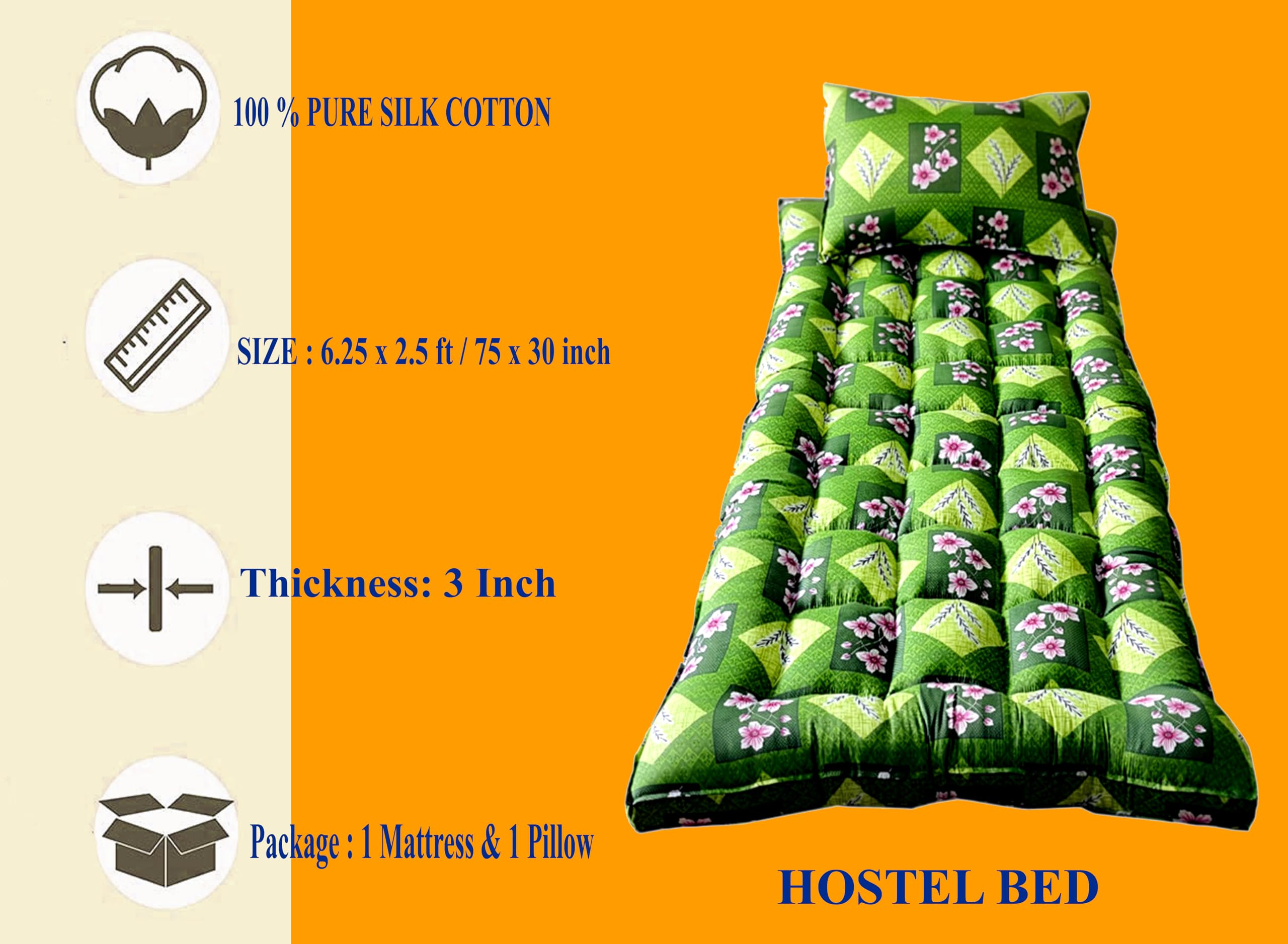 Flamo Organic Kapok Silk Cotton Ilavam Panju Foldable Hostel Bed Mattress (6.25 x 2.5 ft / 75 x 30 x 3 inch),Multicolour. 2