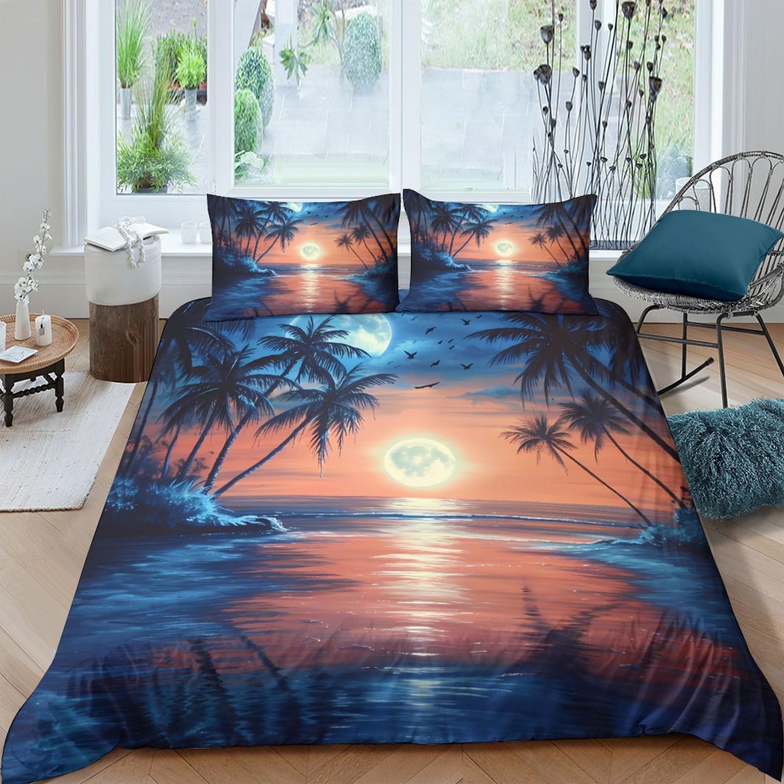 Ctjqhvkz Style-10 3D Printed Sunset Beach Fitted Sheet Microfiber Soft Breathable Palm Tree Bed Sheet For Bedroom Dorm Decor Single（135X200cm）
