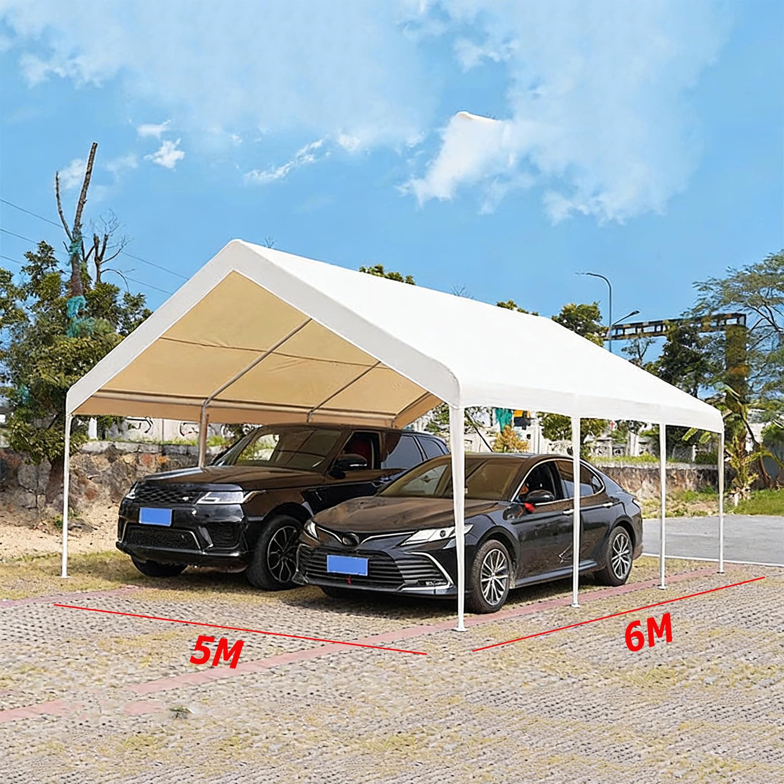 Grande tettoia impermeabile per bicicletta auto moto camper trattore SUV con telaio in metallo 5 x 6 m bianco