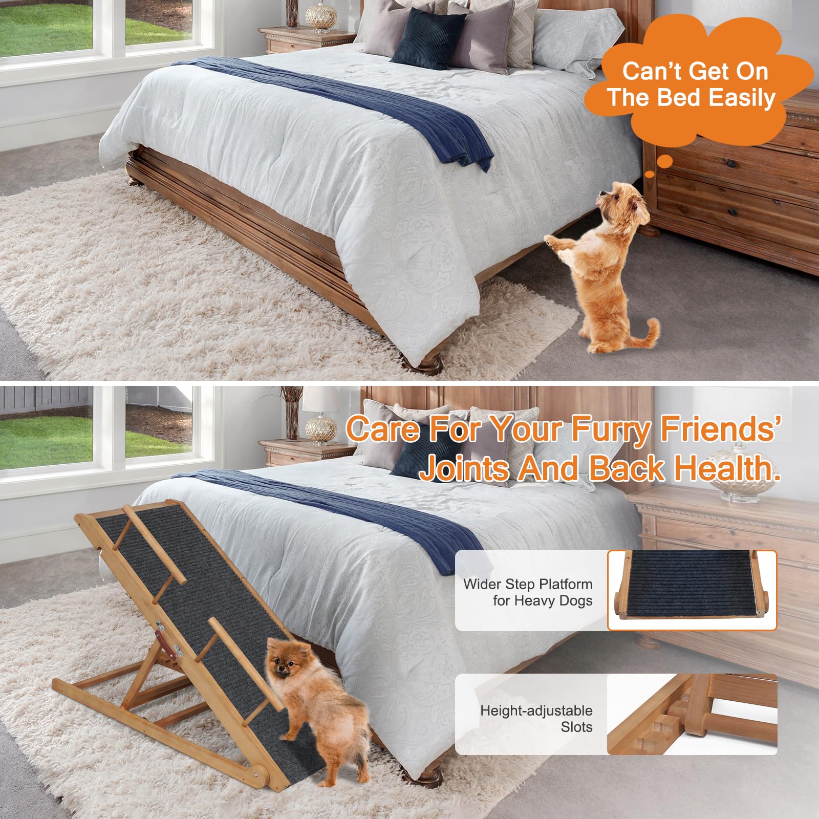 Höhenverstellbare Hunderampe für Bett, Couch, extra breit, 45 cm, tragbare Haustierrampe aus Holz, rutschfeste Hunderampe, 6 verstellbare Höhen für kleine, mittelgroße und große Hunde (Traglast 75 kg)