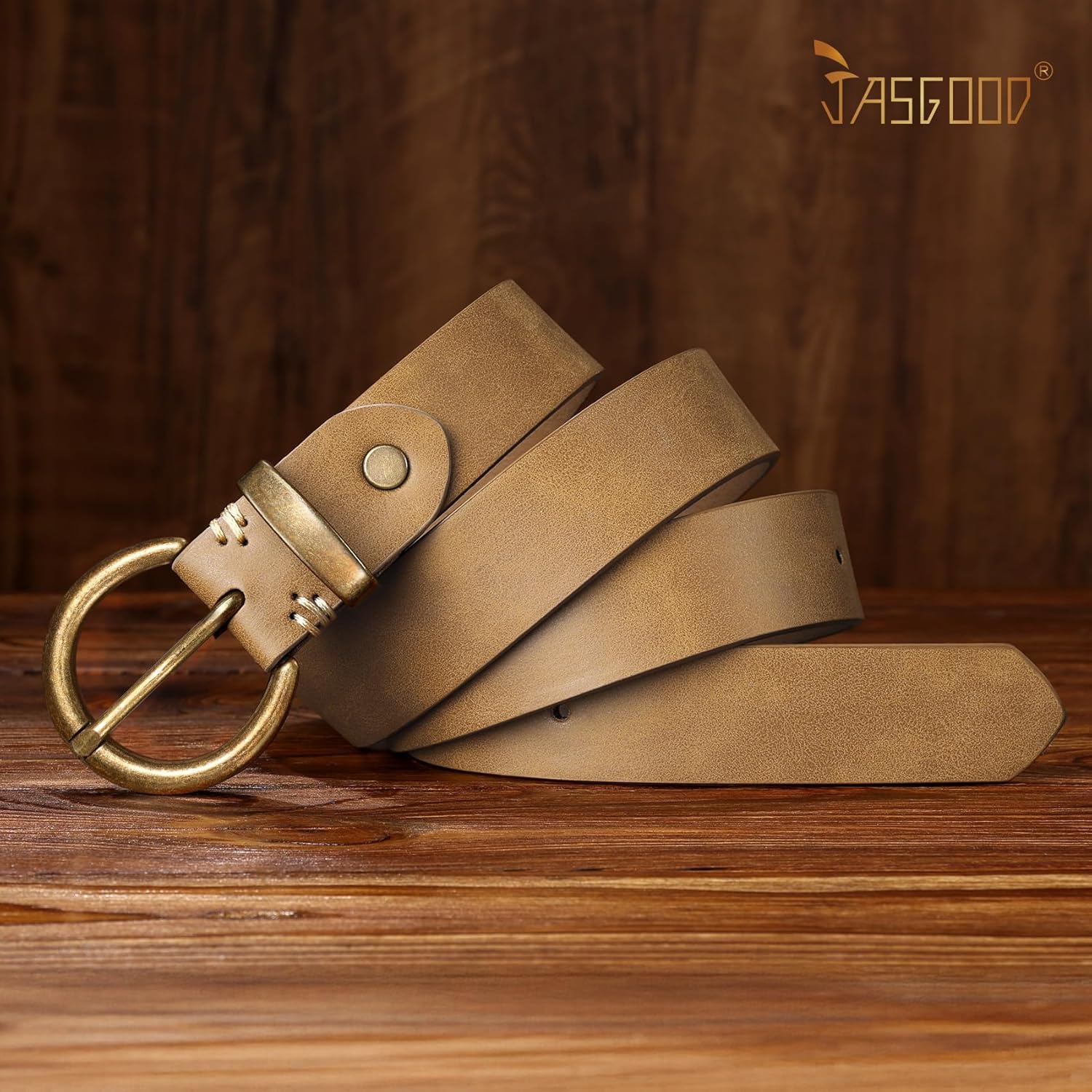 JASGOOD Women Leather Belt for Jeans Pants Vintage PU Leather Belt Solid Brass Circle Buckle for Ladies - Image 4