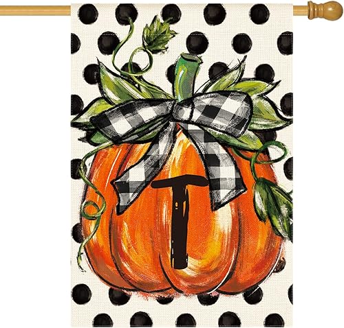 Miniatura 24 de AVOIN colorlife Bandera de jardín con monograma de otoño con letra C, diseño de calabaza, con diseño de lunares, 12 x 18 pulgadas, doble cara