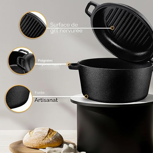 KICHLY 2 En 1 Four Hollandais En Fonte Pré-Assaisonné Avec Couvercle De Poêle A Griller A Double Usage - Cuire Au Four, Frire, Rôtir, Ragoût Et Griller - Cuisson A L'intérieur Et A L'extérieur - 3