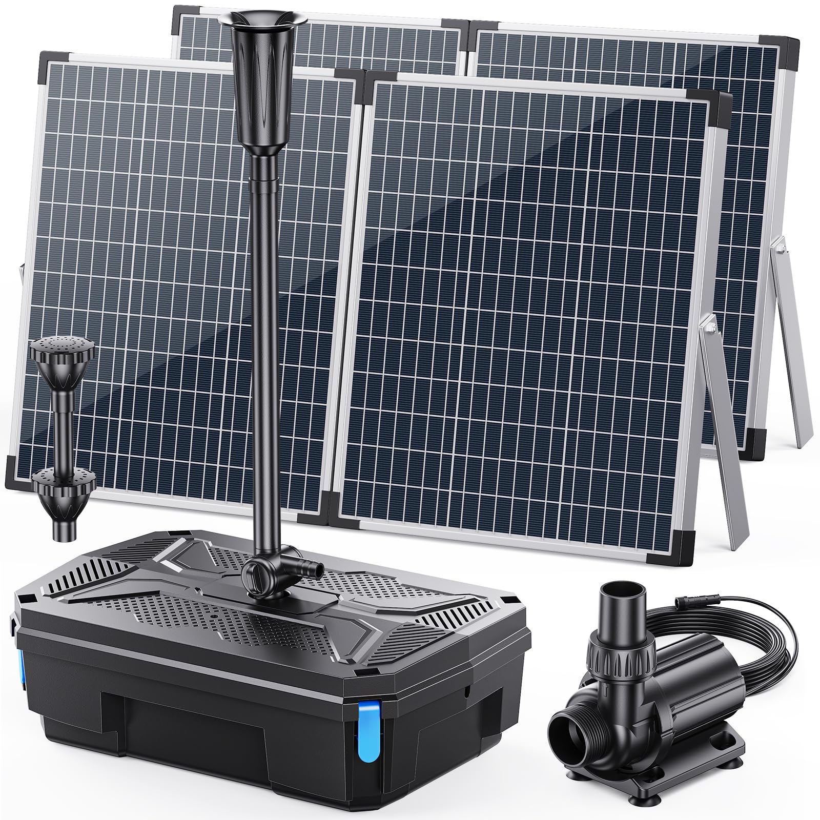 Antfraer Solar Pond Filter &amp; 1600GPH Pump Kit, 120W Foldable Solar Panel with 3-Stage Filtration, Dual Mode Fountain &amp; Waterfall Pond Filter for Outdoor Ponds, Fish Ponds, Garden Water Features
