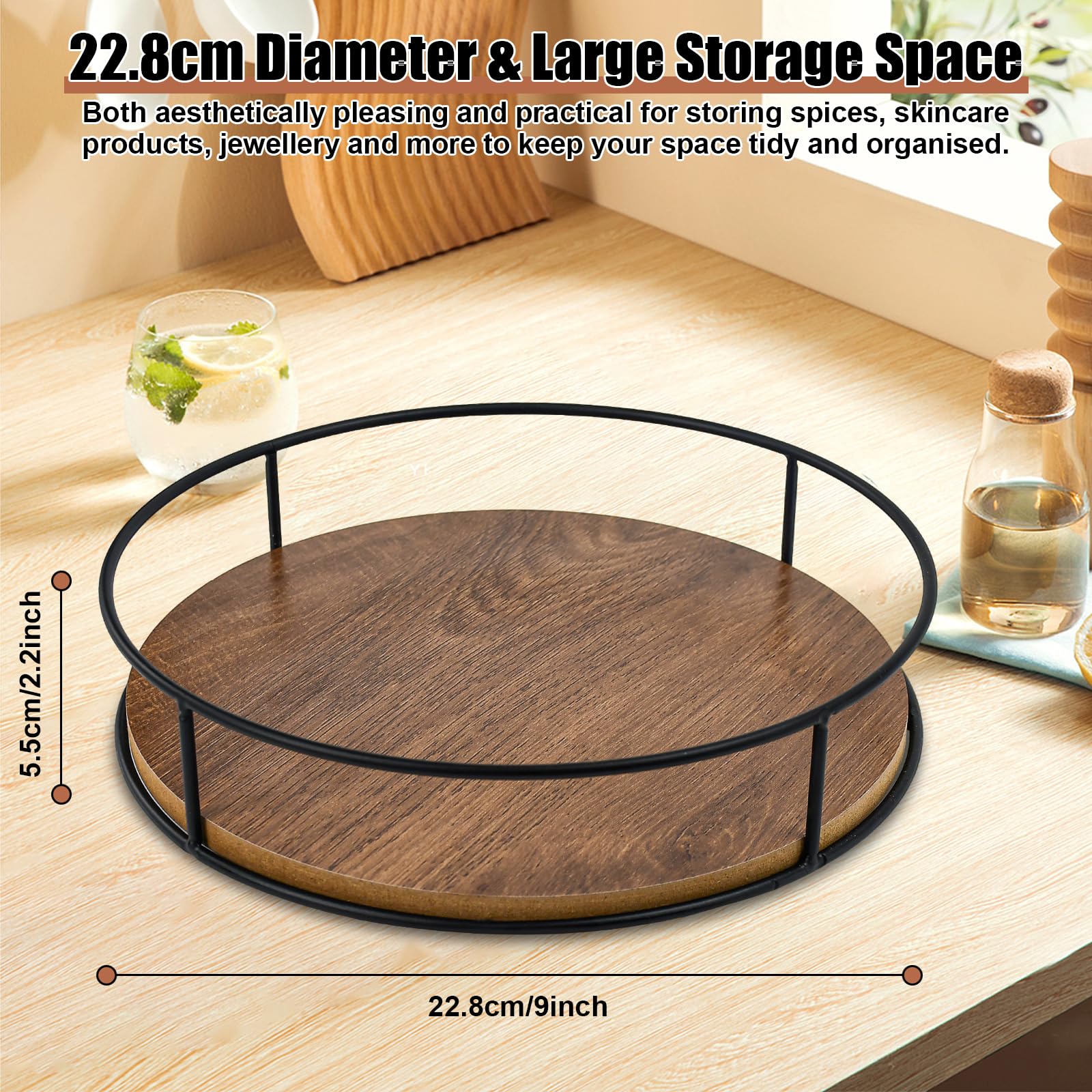 LPAMABA Vassoio girevole in legno, 22,8 cm, porta spezie, cucina girevole a 360°, porta spezie, legno rotondo, vassoio girevole, mobile da cucina antiscivolo, per armadio, tavolo camera da letto bagno