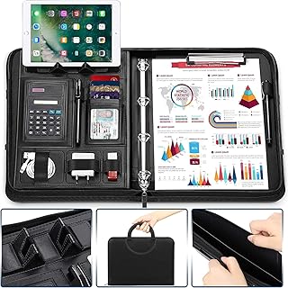 Wilbest Conference Folder A4 Zipped Magnetic Handle with Phone Stand & 2-Layers Pocket & Elastic Loops. PU Leather Padfolio Portfolio Case Business Ring Binder,Calculator,Clipboard for Interview