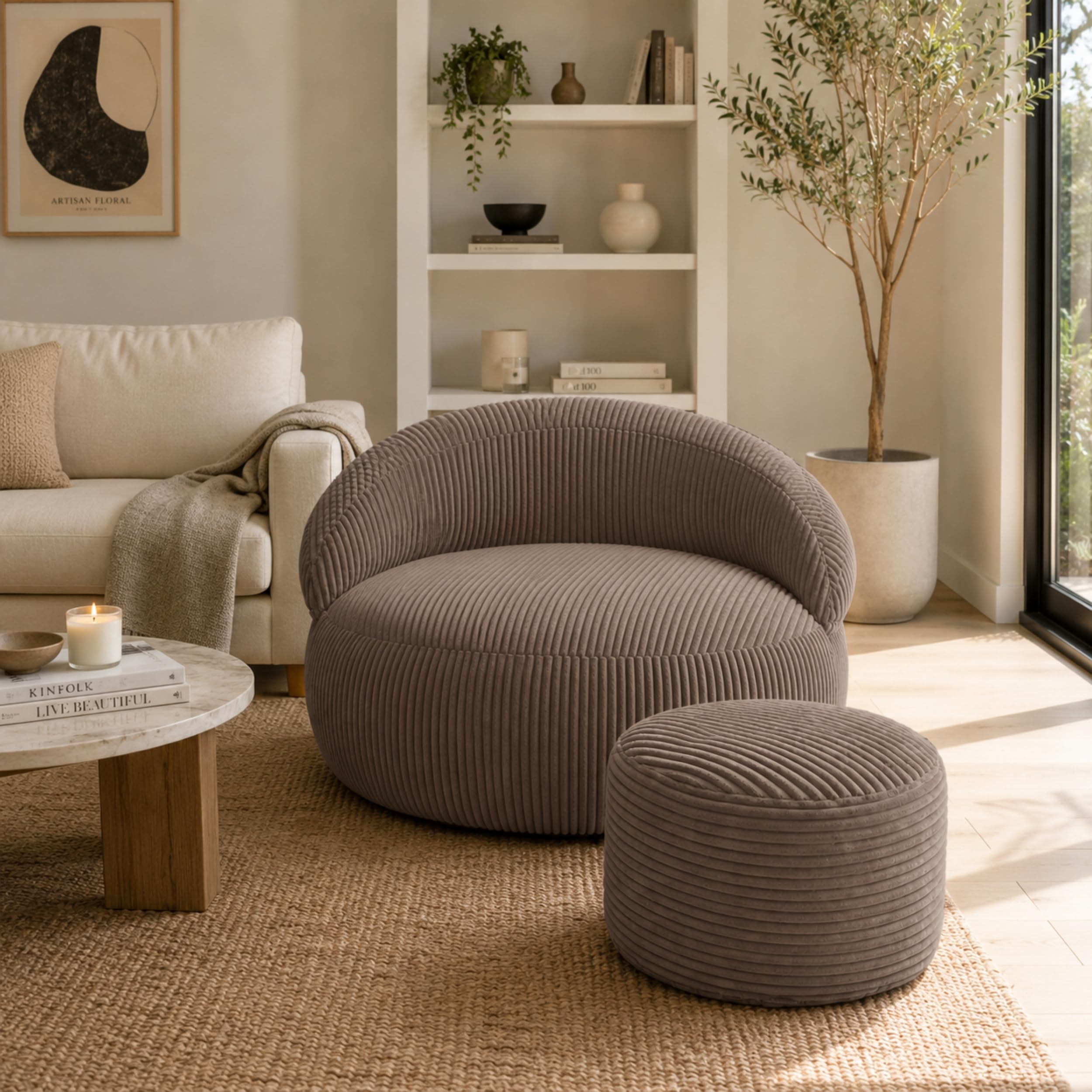 bananair – Puff Sillón para Salón y Dormitorio en Pana con Reposapiés - Puff Sillón XXL Suave - Funda Lavable - Ideal para Salón y Dormitorio, Adultos y Adolescentes (110 × 100 cm, Marrón)