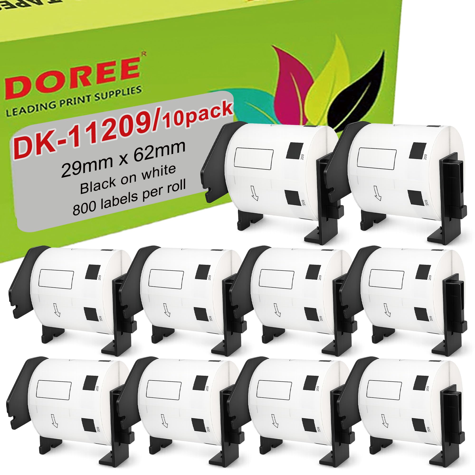 DOREE 10 Rouleaux DK11209 62x29 mm Étiquettes d'Adresse 800/Rouleau | Étiquettes d'Adresse 62mm x 29mm compatibles avec Brother DK11209, noir sur blanc, pour la série QL de Brother