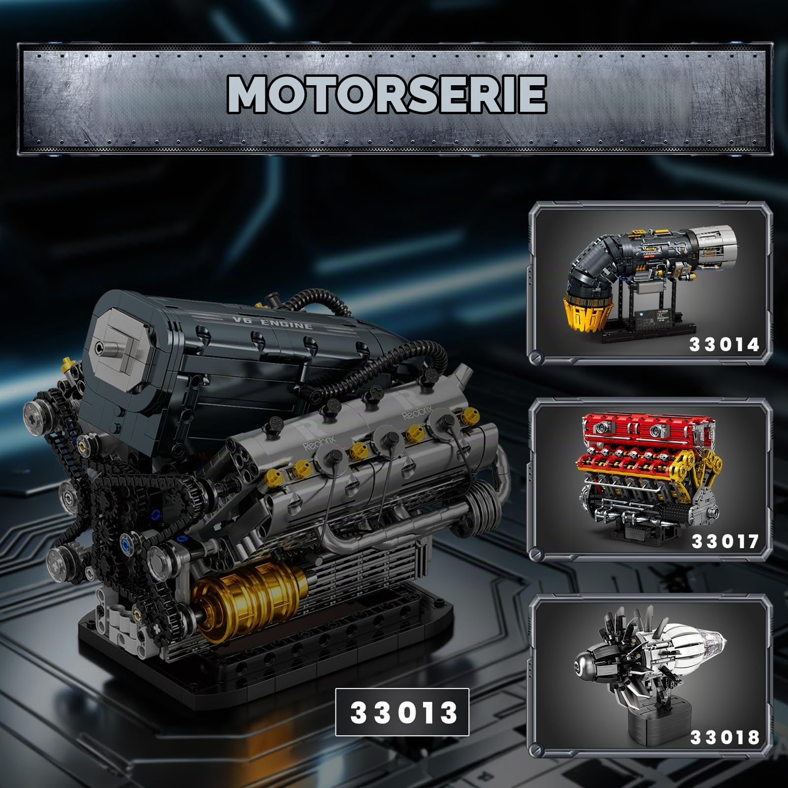 Reobrix V6 Motor Bausatz für Erwachsene 33013, Mechanisches Konstruktionsspielzeug, V6 Motor Modellbausatz Technik Motor Geschenk für Erwachsene, Kunst Deko für Zuhause & Büro (1268 Teile)