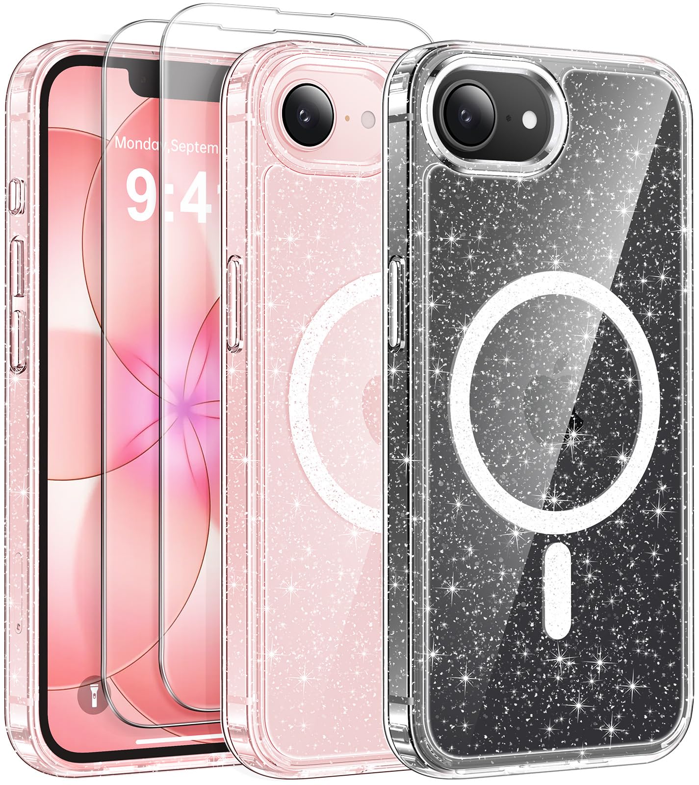 AROYI Coque pour iPhone 17e / iPhone 16e (6,1 Pouces) avec 2 Verres Trempés, Compatible avec Mag Safe, Fine, Scintillante, Glitter Etui Antichoc Housse pour iPhone 17e / iPhone 16e, Transparente