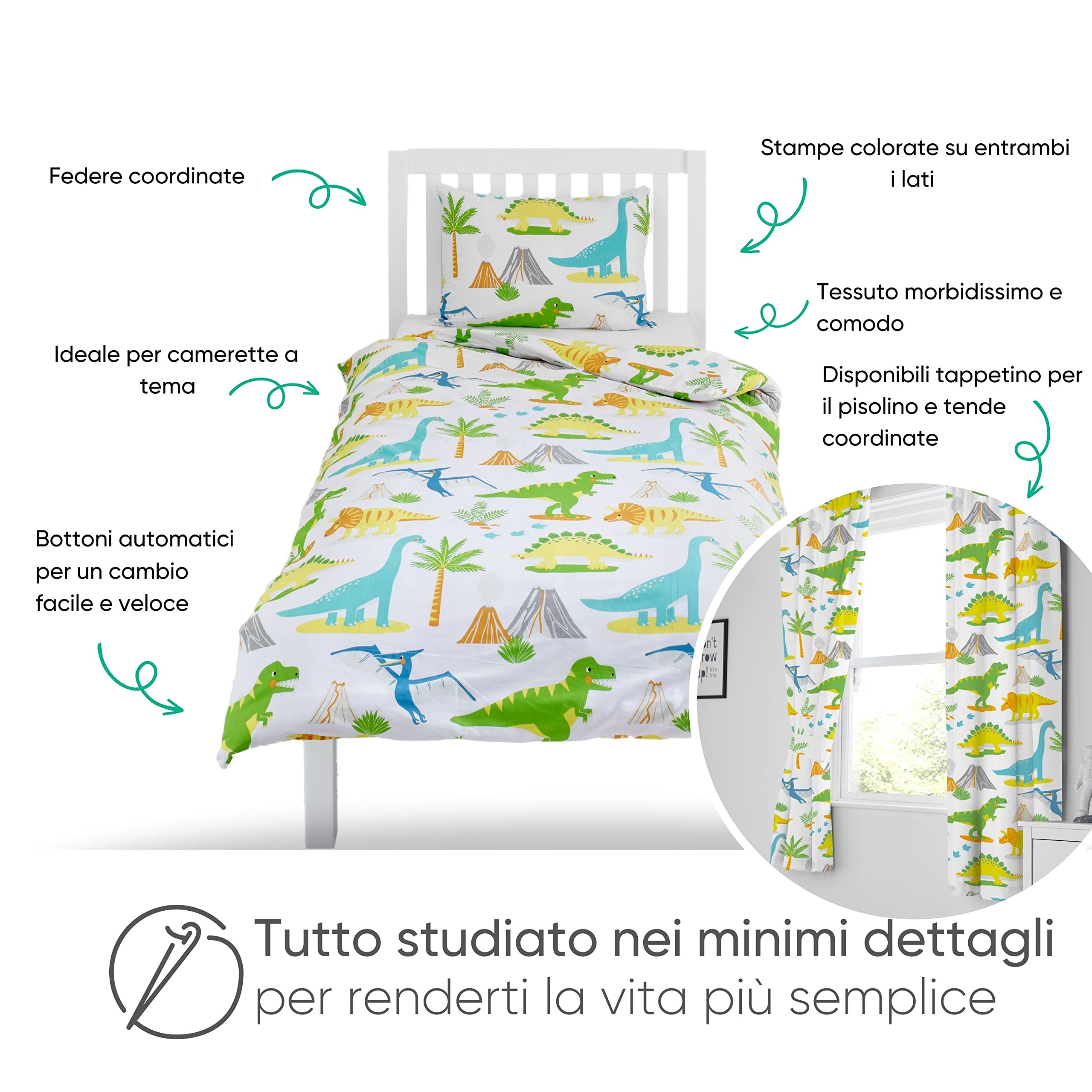 Bloomsbury Mill - Set biancheria da letto per bambini - Dinosauri World – Set Copripiumino Jurassic Dino Lettino e federa per Ragazzi e Ragazee - Lenzuola Culle per junior e bambino - 120 x 150 cm