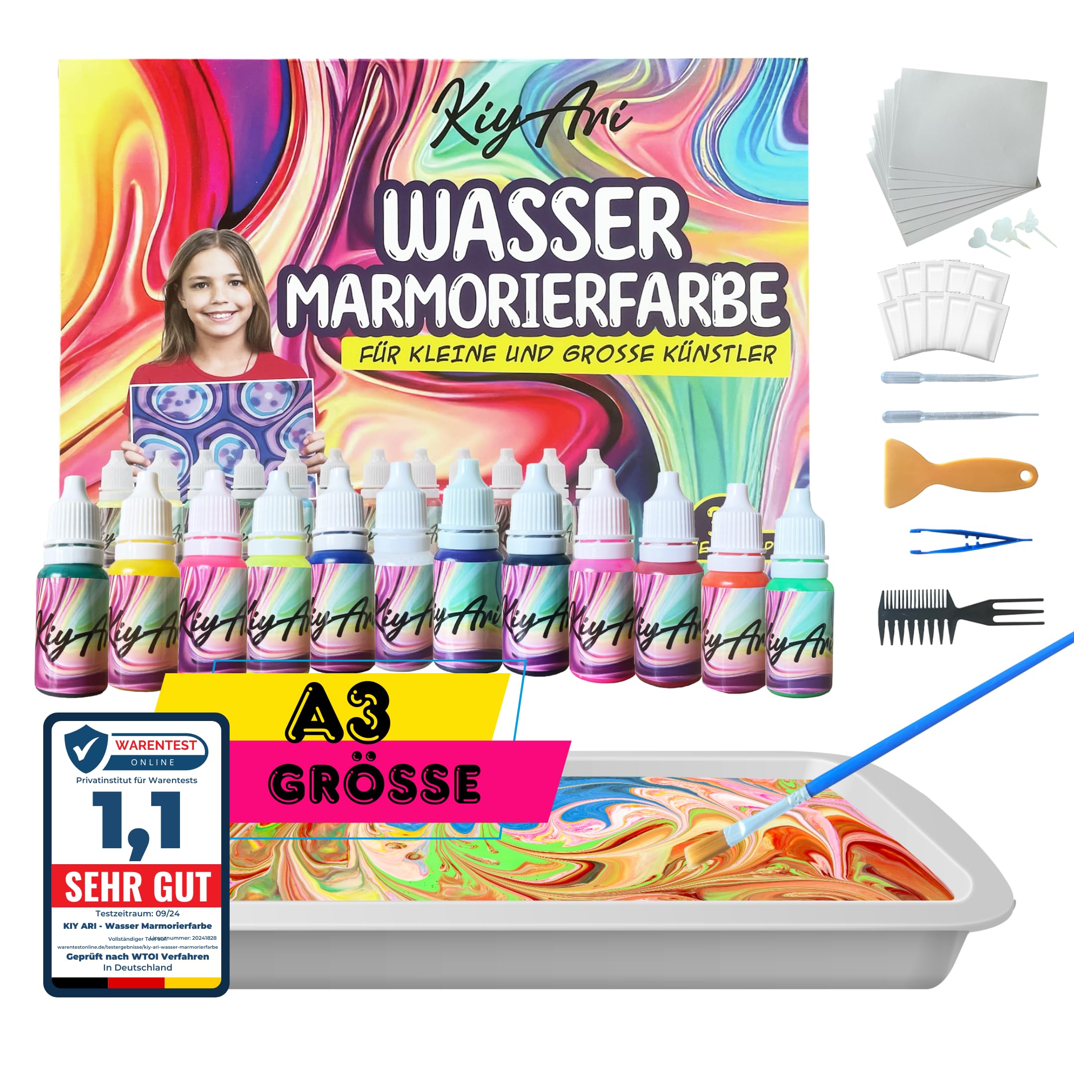 Wasser-Marmorierfarben-Set – 12 kräftige Farben & 10 A3-Blätter – Bastelset für Kinder ab 6 Jahren | Kreatives DIY Malset zum Malen auf Wasser | Sicheres Geschenk für Jungen, Mädchen & Erwachsene