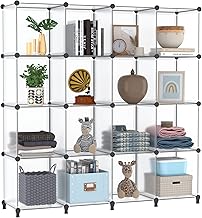 FUNLAX Closet Organizers and Storage, 16 Cube Storage Shelf Portable Storage Cubes Bathroom Storage Plastic Storage Shelves for Clothes, Toys, Yarns, Bags, Shoes Translucent