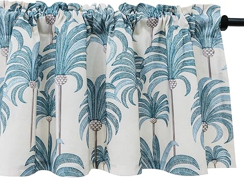 VOGOL Cenefas azules para ventanas pequeñas, cenefas de ventana con estampado de hojas para sala de estar, cortinas cortas con bolsillo para barra,
