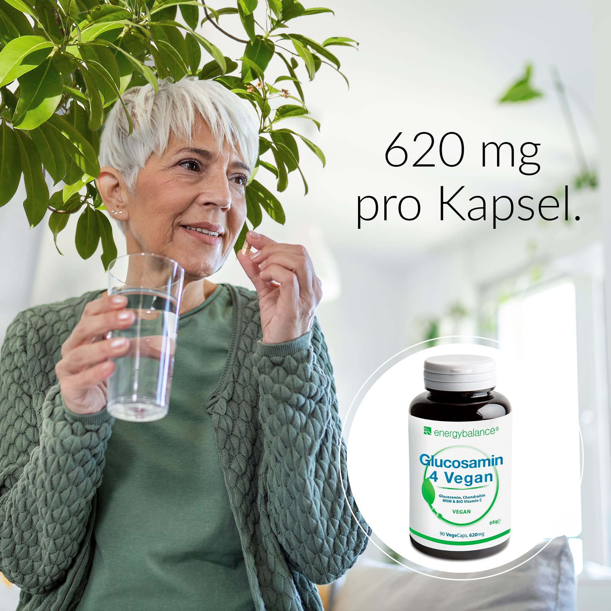 Glucosamin 4 Vegan 620mg pro Kapsel - Vier vegane Inhaltsstoffe in einem zum Wohlbefinden: Glucosamin, Chondroitin, MSM (Methylsulfonylmethan) und Acerola-Vitamin C - 90 Kapseln