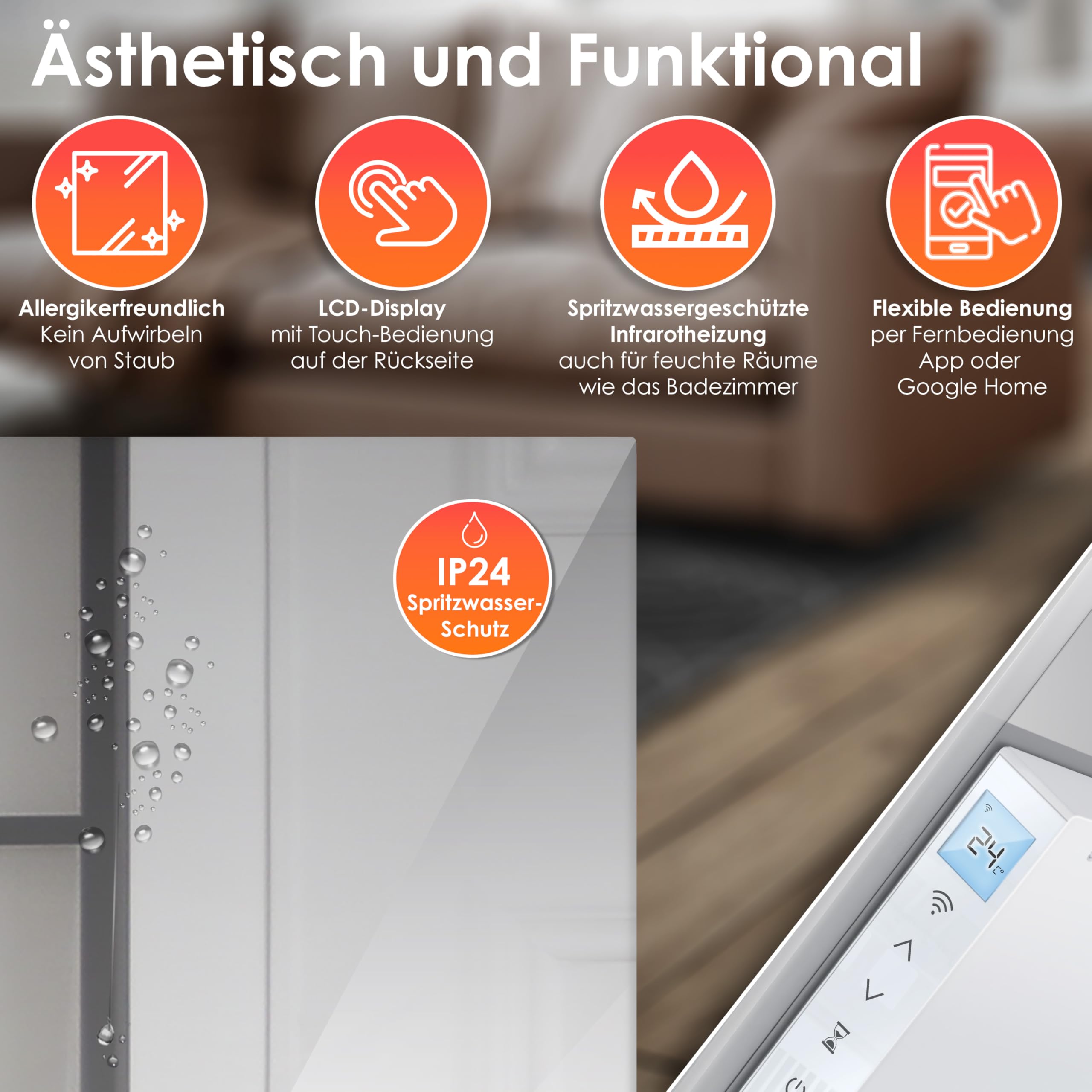 KESSER® Calefacción por infrarrojos, 500 W, ahorro de energía, 2 en 1, dispositivo de pie y montaje en pared, calefacción eléctrica con detección de ventana abierta + mando a distancia y control por