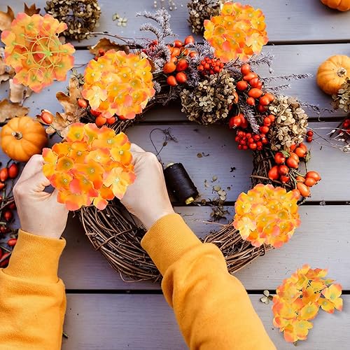Miniatura 7 de Hananona 40 cabezas de flores artificiales de hortensias de seda burdeos con tallos, flores de otoño falsas rojas para Halloween, boda, centro de
