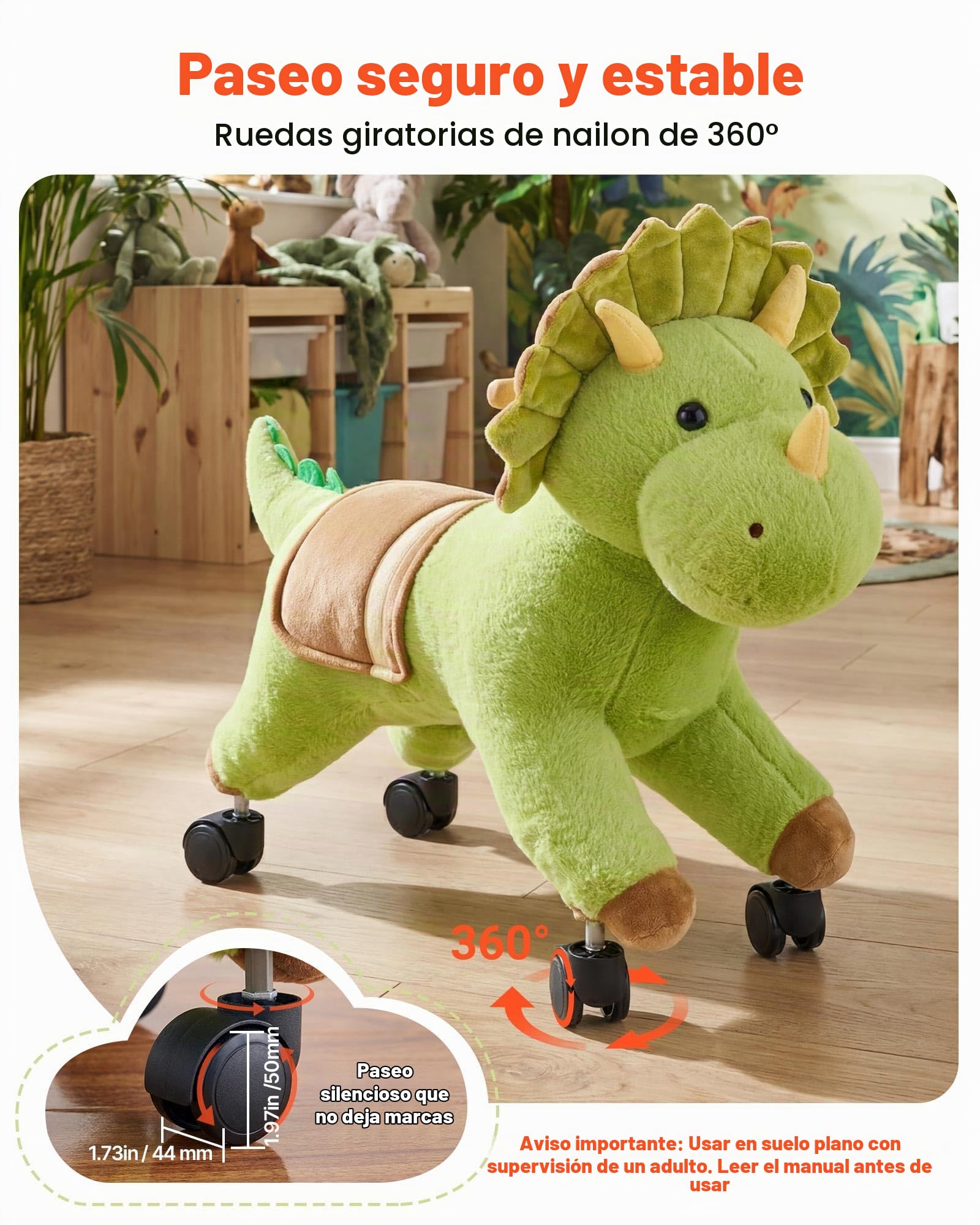 VEVOR Dinosaurio de Juguete Correpasillos para Niños, Juguete de Montar sin Pedales con Sonido, Ruedas Giratorias, Asiento Acolchado y Estructura de Metal, Uso Interior y Exterior, Carga hasta 40 kg