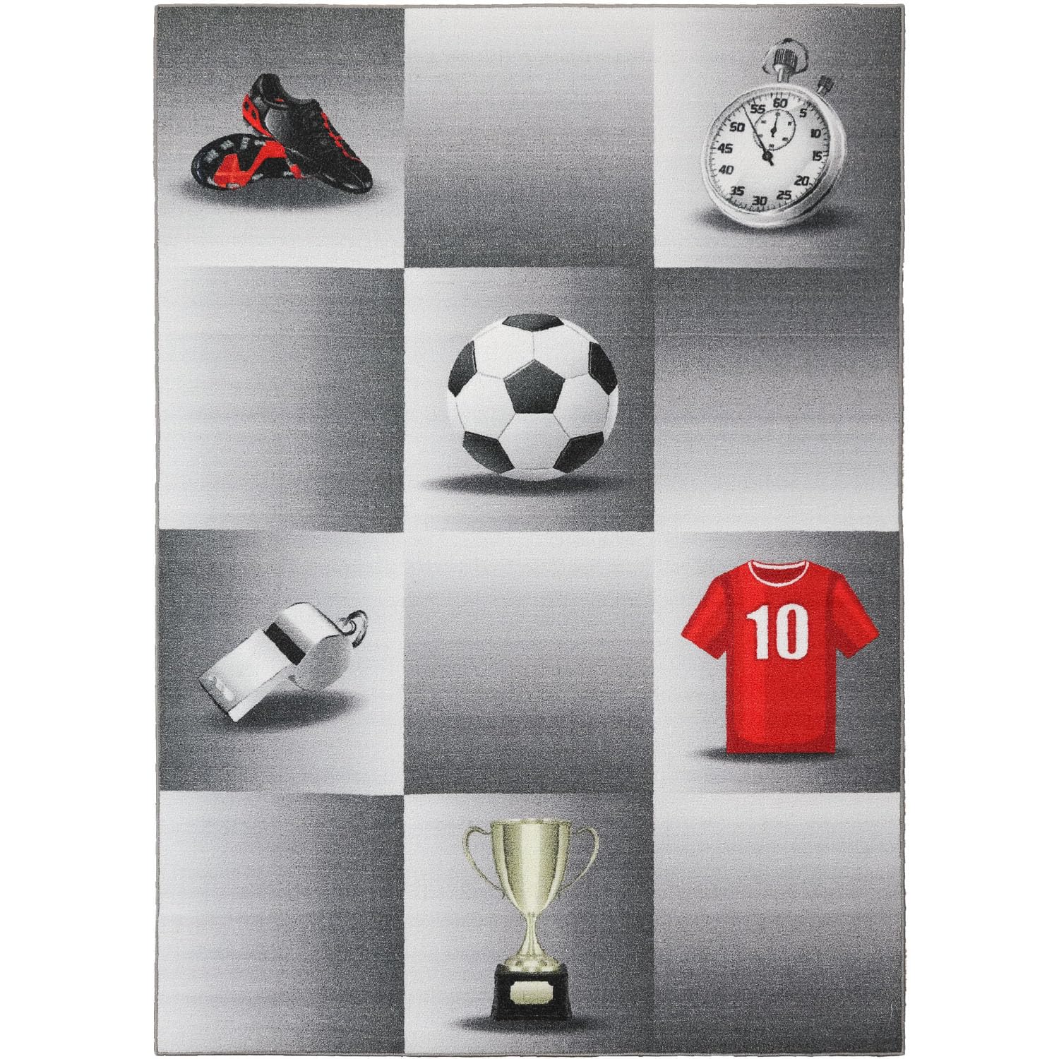 SIMPEX Kinderteppich Grau 120x170 cm Fußball-Design Modern rutschfest Waschbar Pflegeleicht Extra Weich Antiallergen Babyteppich Kinderzimmer Jungen Teppich