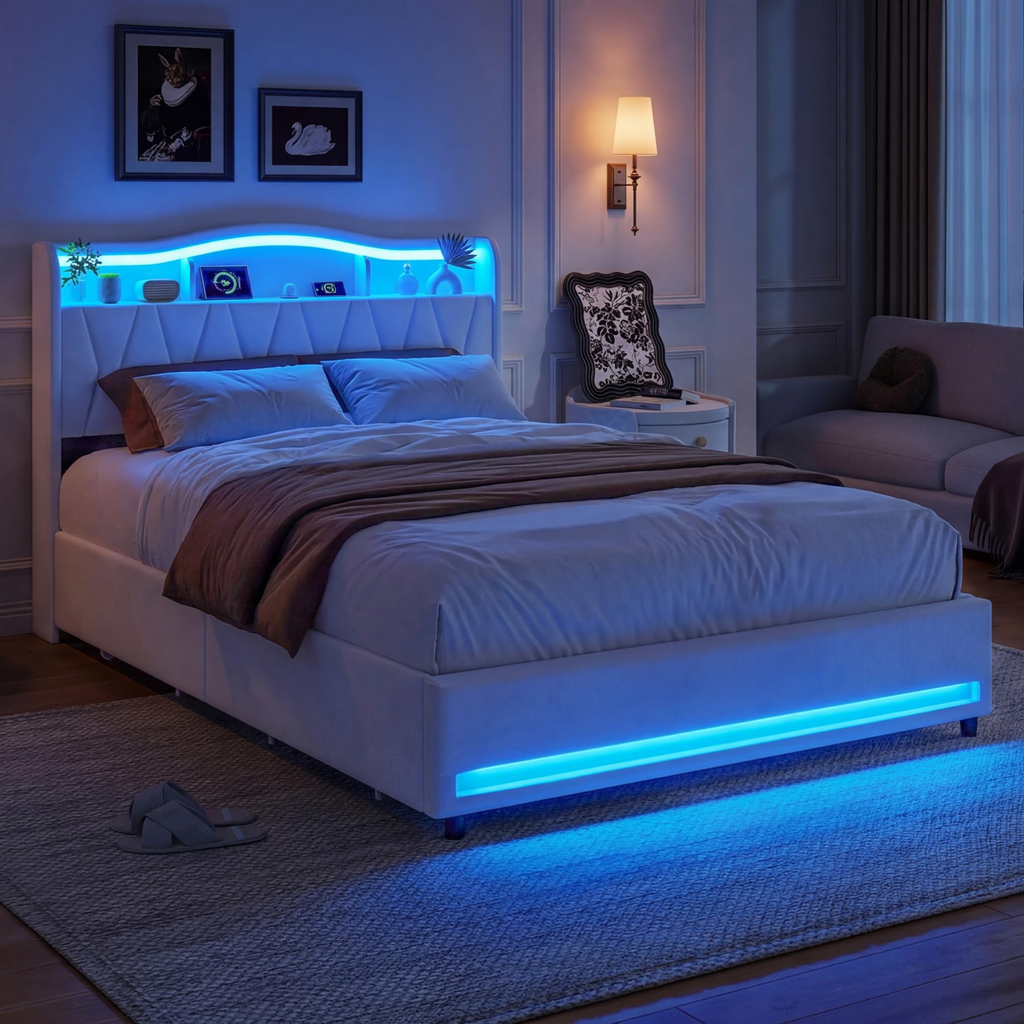 BRILVERDE Polsterbett 160x200 mit Stauraum Schublade, Doppelbett mit LED und USB, Jugendbett mit Kopfteil, Bettgestell mit Lattenrost, Stauraumbett, Samt (Beige, 160 x 200 cm)