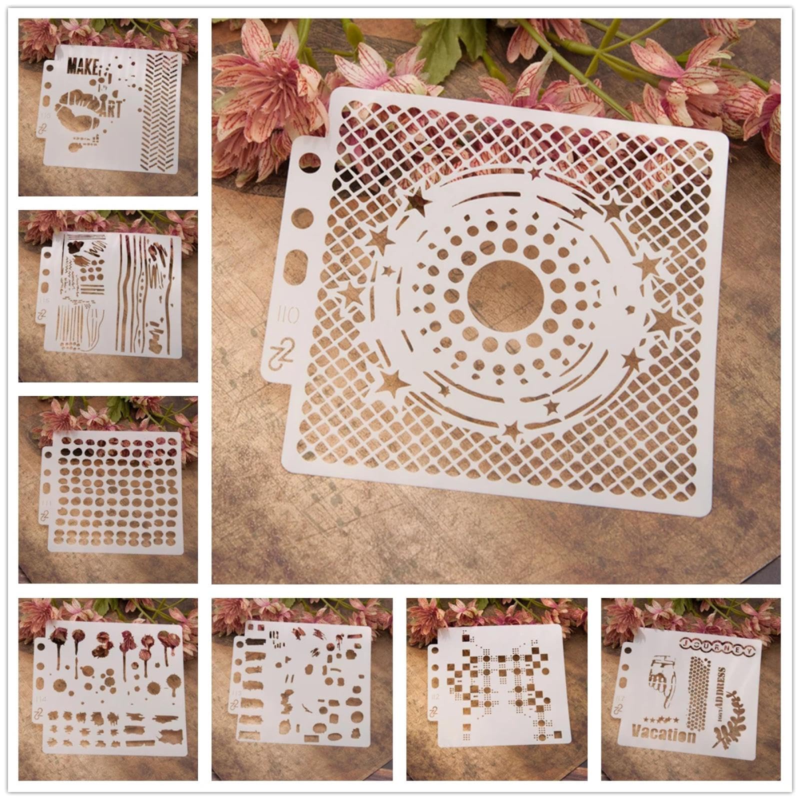 Schablonen zum Malen auf Holz, 14 cm, Vintage-Geometrie, Zahlen, Punkte, wiederverwendbare Schablone zum Malen auf Holz, Wand, Tür, Leinwand, Heimdekoration, 9 Stück