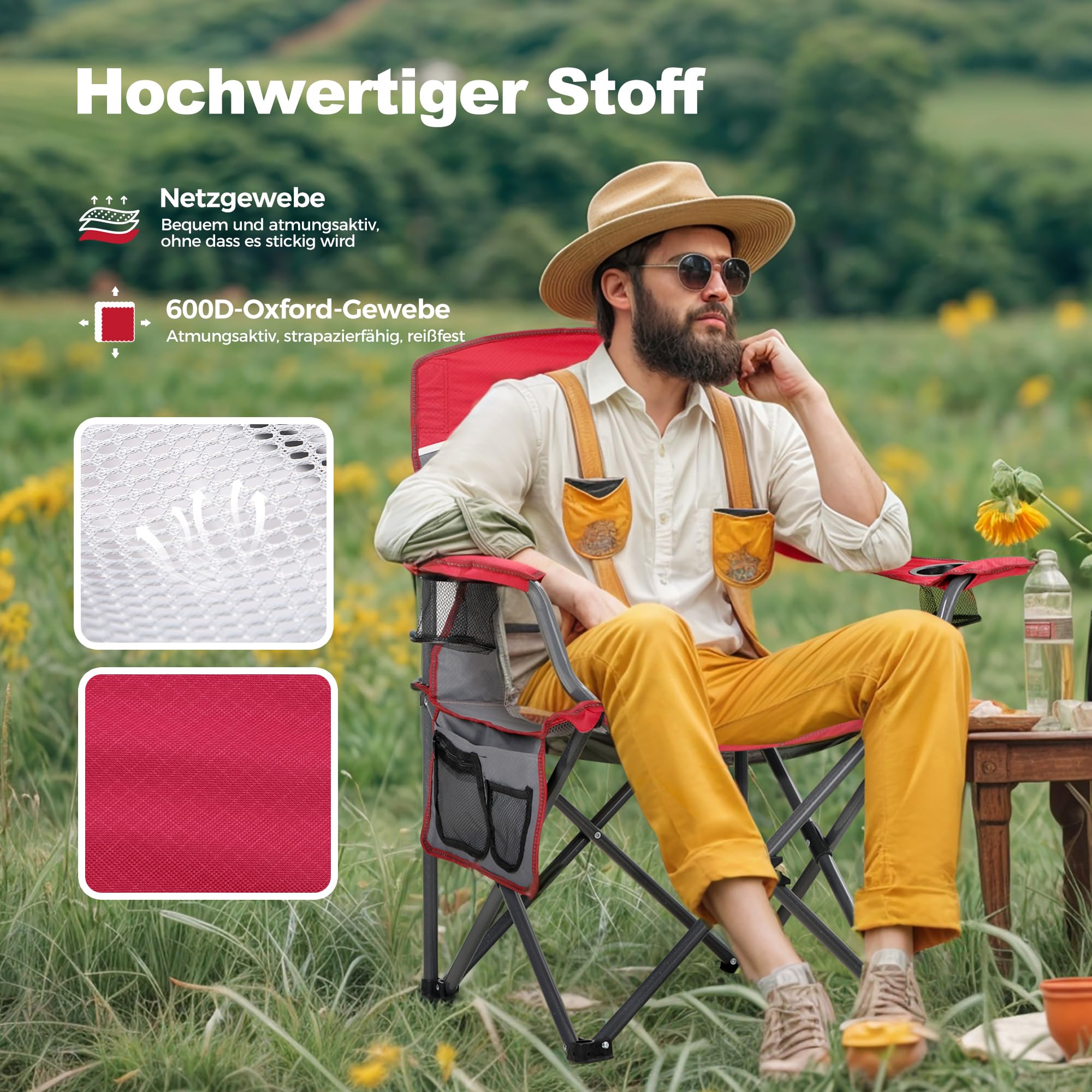 LET'S CAMP Chaise de camping portable pliable en maille avec porte-gobelet, sac de transport pour le camping, la pêche, la randonnée jusqu'à 150 kg