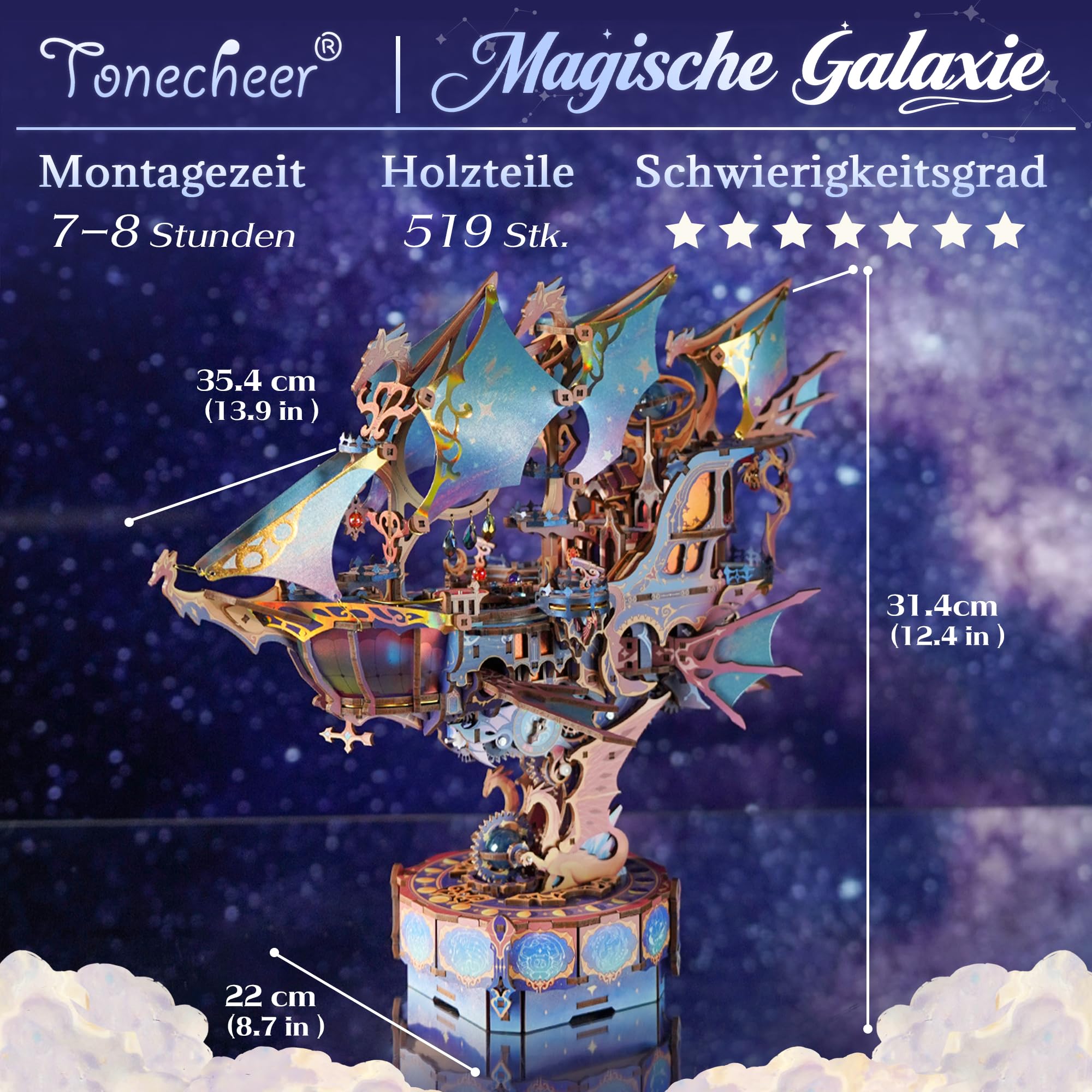Tonecheer 3D-Holzpuzzle für Erwachsene DIY-Holzschiffsmodellbausatz mit Musik Fantasie-Luftschiff und beweglichen Bauteilen sowie Übertragungsstruktur als perfekte Geschenkidee(Magische Galaxie)
