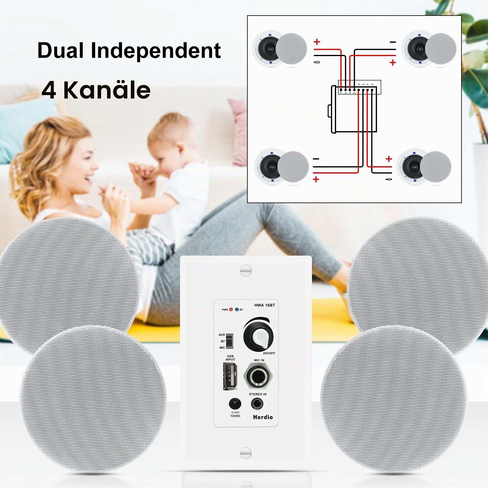 Herdio Bluetooth-Wandverstärker, 4 Kanäle, Lautstärkeregler, Wandplatte, USB/MIC/AUX (3,5 mm) Eingänge, verbinden 4 Lautsprecher